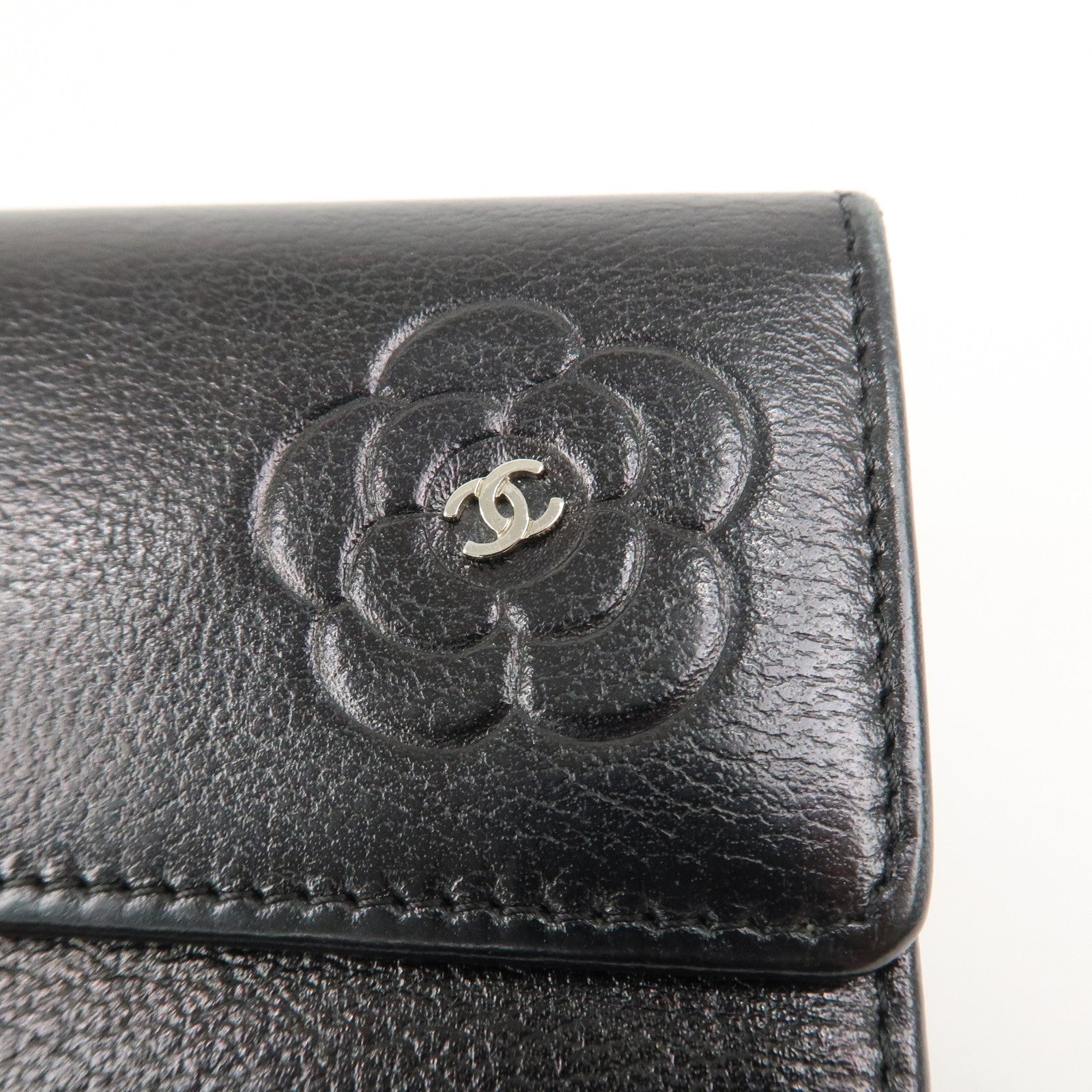 CHANEL Camellia COCO Mark Leather Bi-fold Long Wallet Black