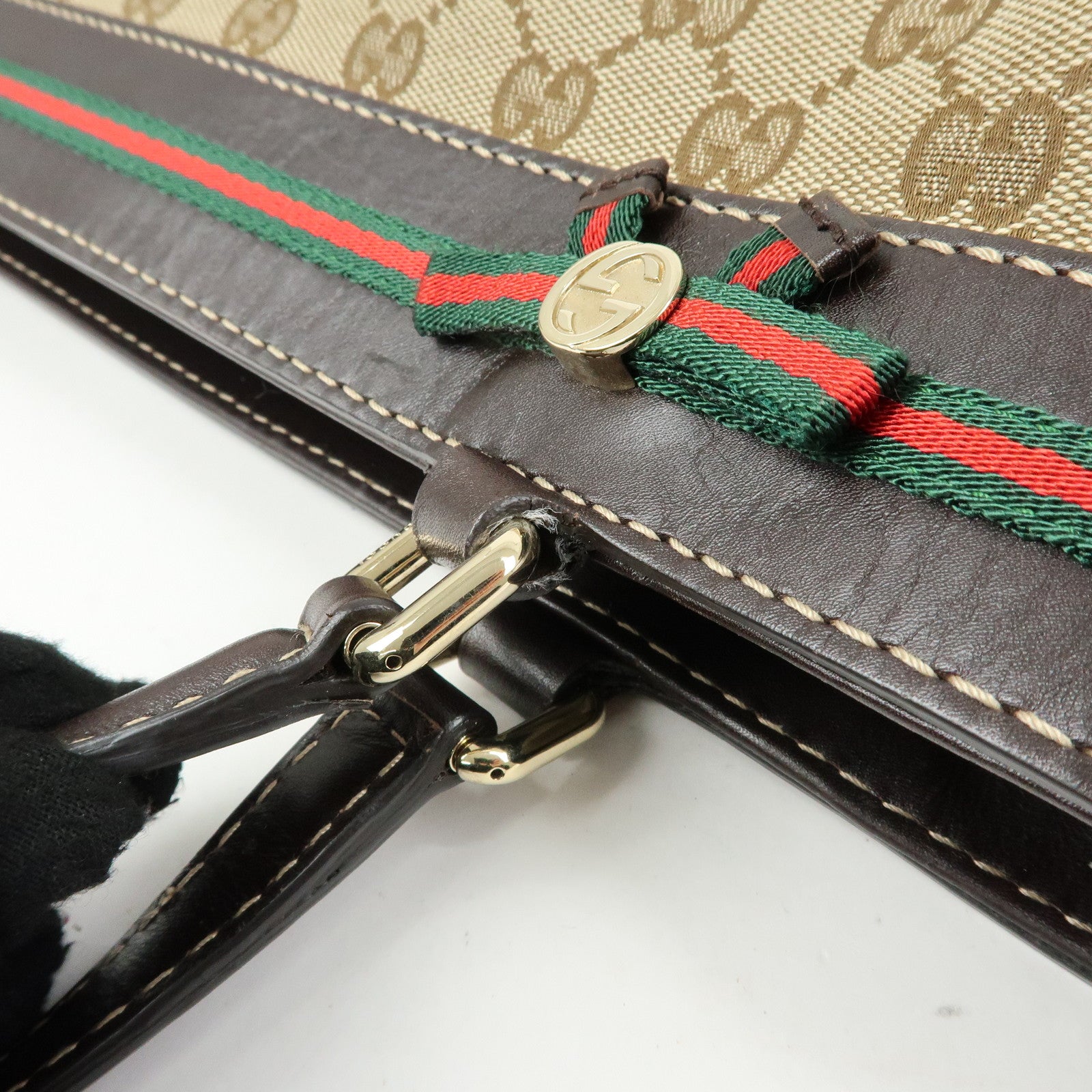 GUCCI Sherry Canvas Leather Tote Bag Hand Bag Beige Brown 257061