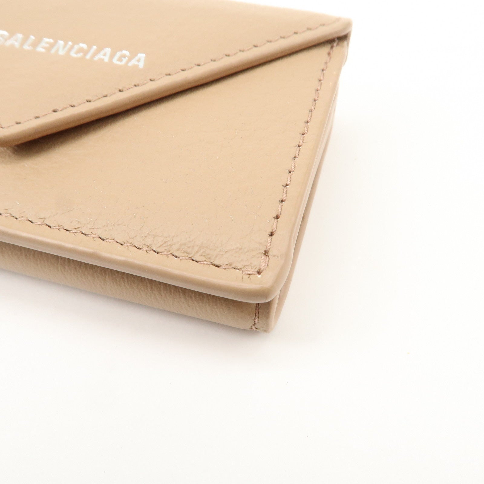 BALENCIAGA Leather Tri-fold Compact Wallet Beige 391446