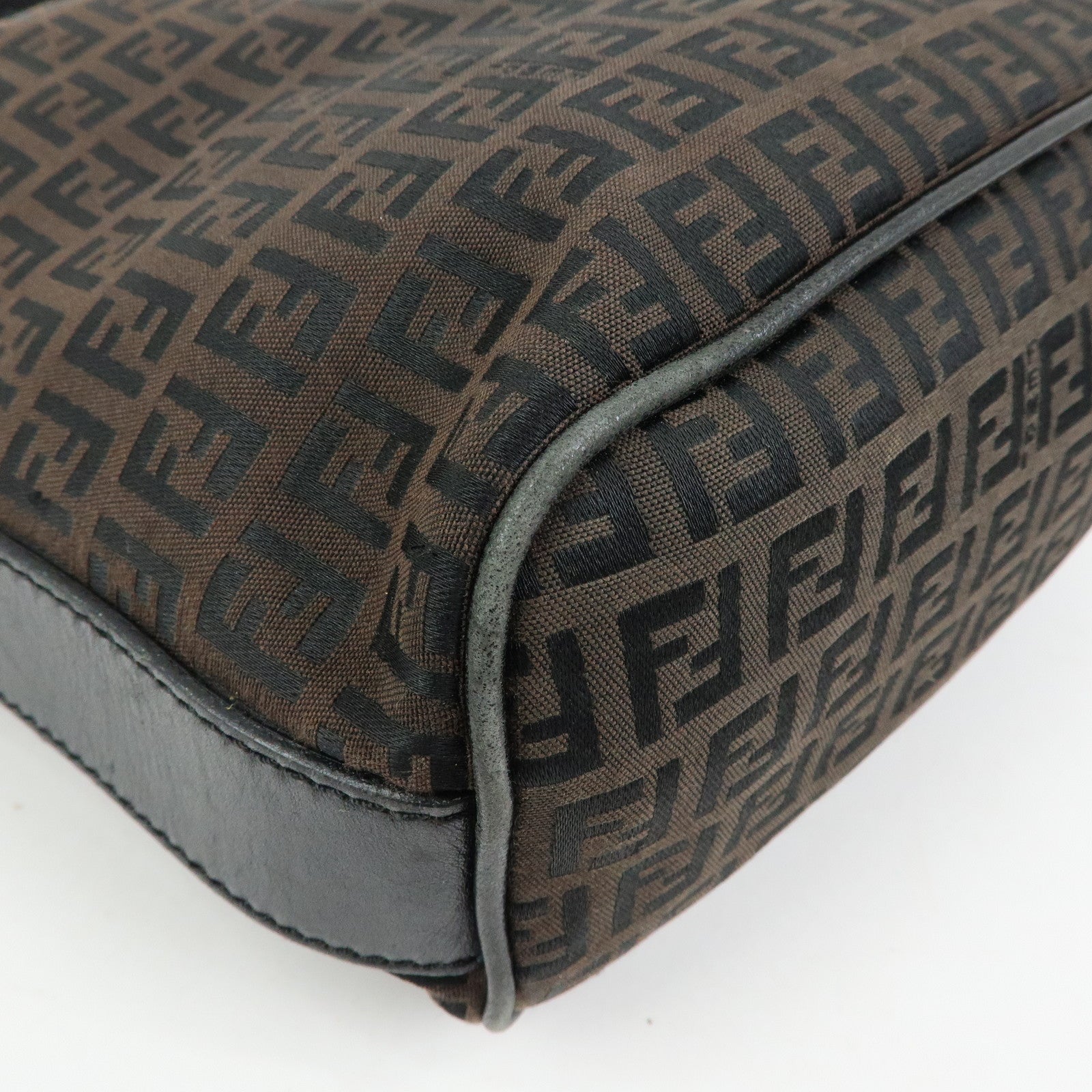 FENDI Zucchino Canvas Leather Shoulder Bag Brown Black 7VA004