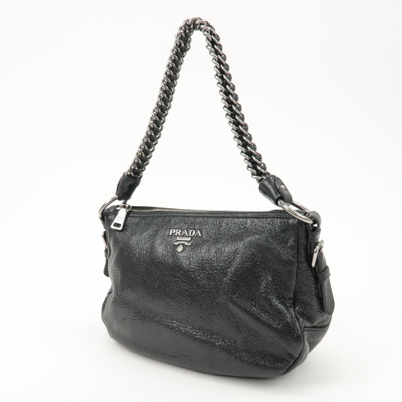 PRADA Logo Leather Chain Shoulder Bag Hand Bag Black BR4370 Used