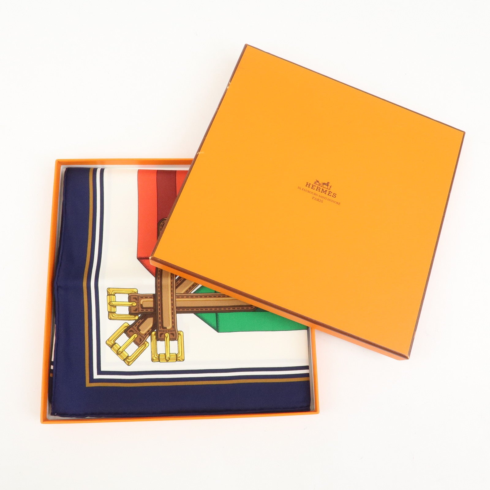 HERMES Carre 90 Silk 100% Scarf J.METZ Les Sangles White Navy