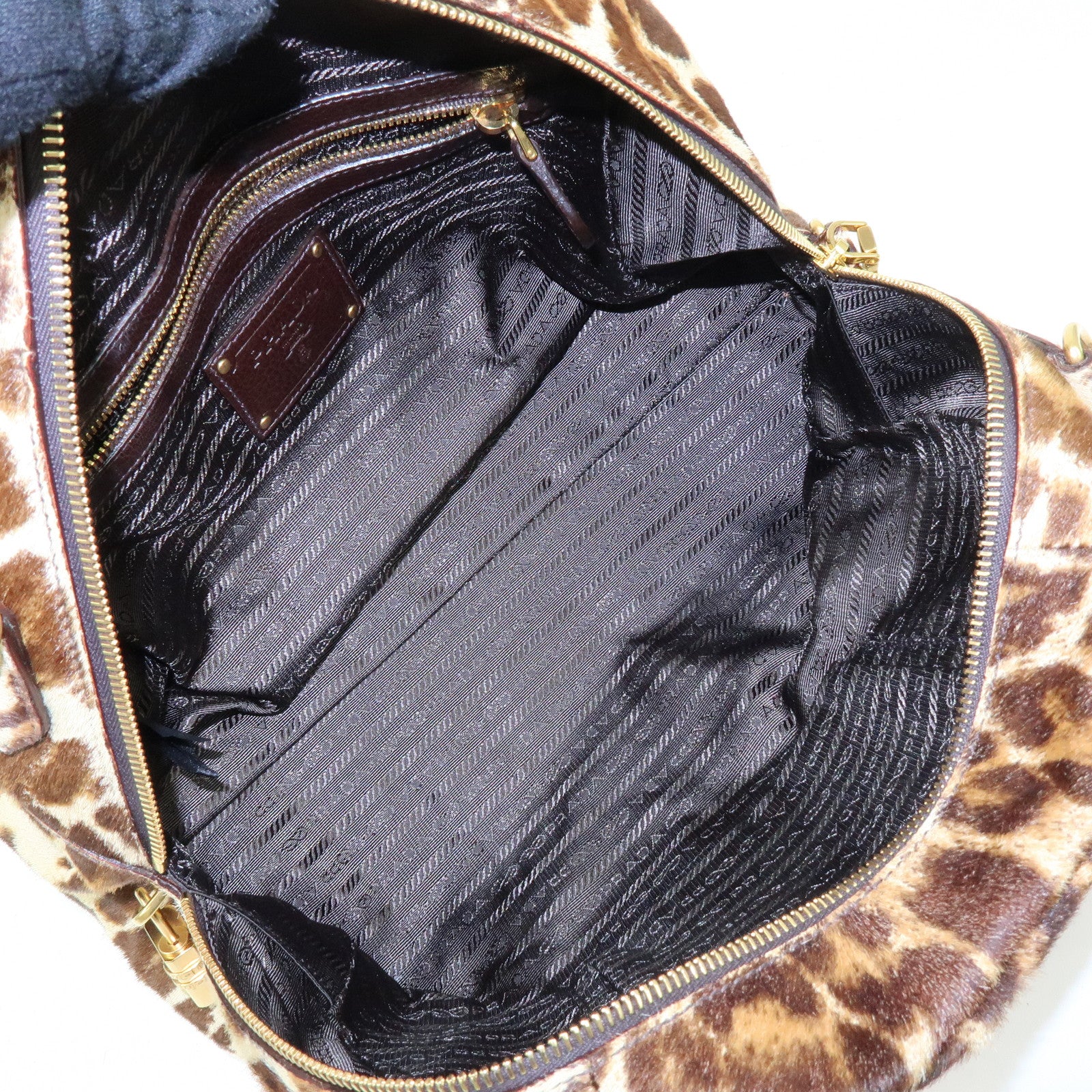 PRADA Pony Hair Leopard 2Way Boston Bag Shoulder Bag Brown BL0429