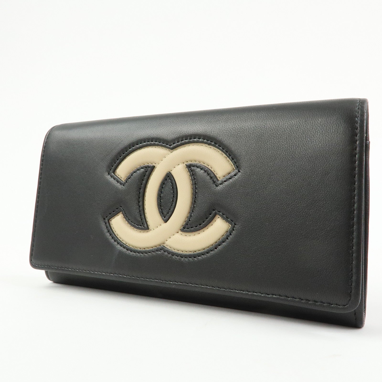 CHANEL Airline COCO Mark Lamb Skin Long Wallet Black A80896