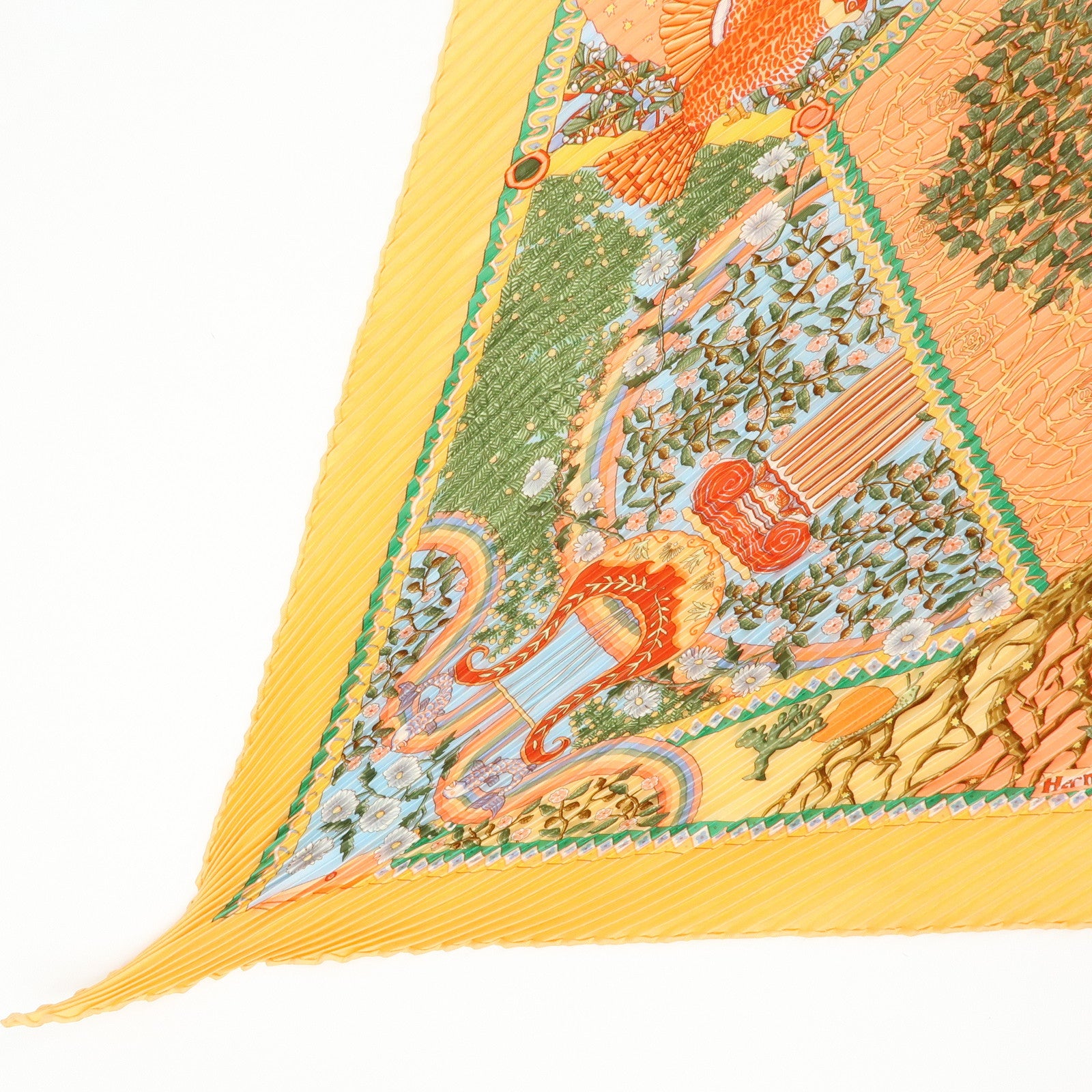 HERMES Pleated Carre 90 Silk 100% Scarf AXIS MUNDI Tree Print