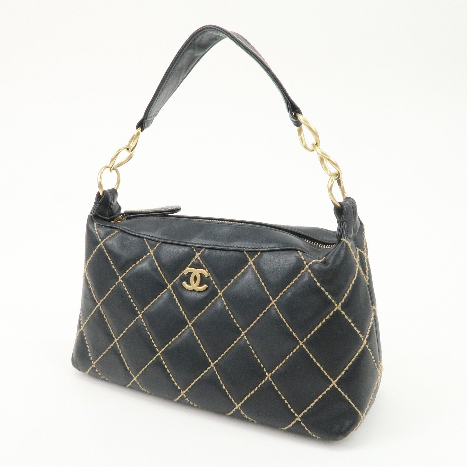 CHANEL COCO Mark Wild Stich Lamb Skin Chain Shoulder Bag Black Used