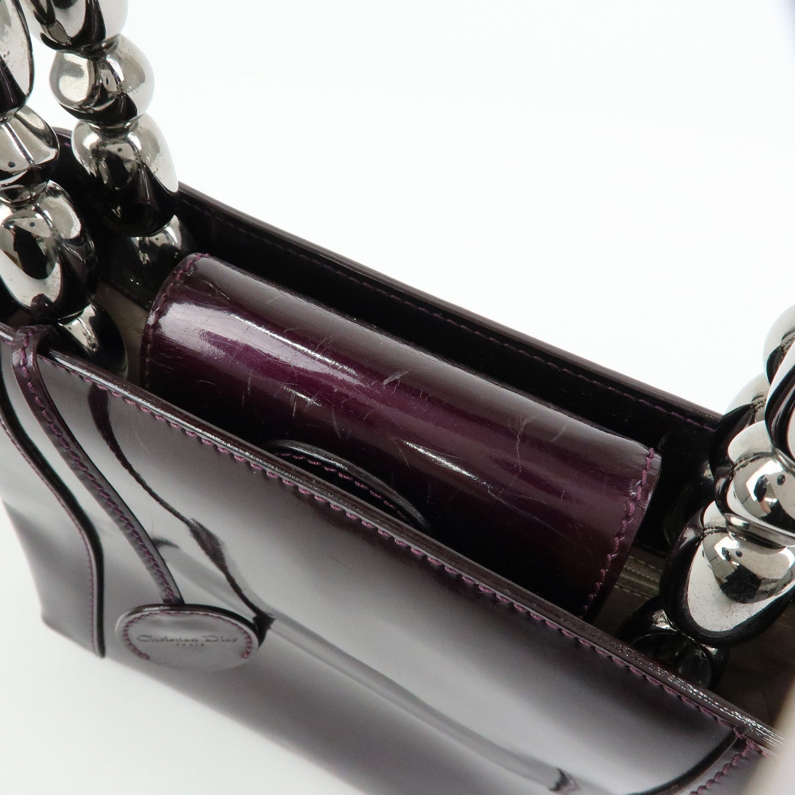 Christian Dior Maris Pearl Patent Leather Tote Bag Hand Bag Purple