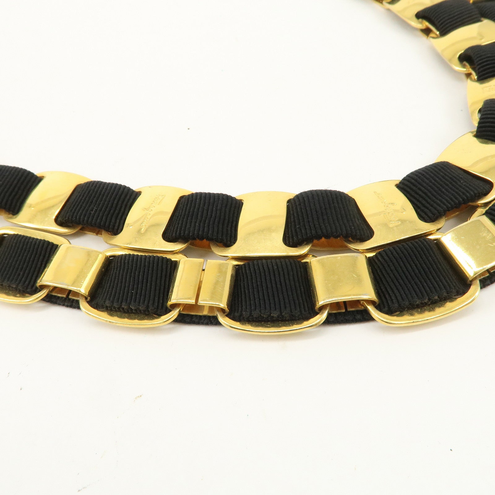 Ferragamo Leather Canvas Chain Tote Bag Hand Bag Black Gold Hardware Used