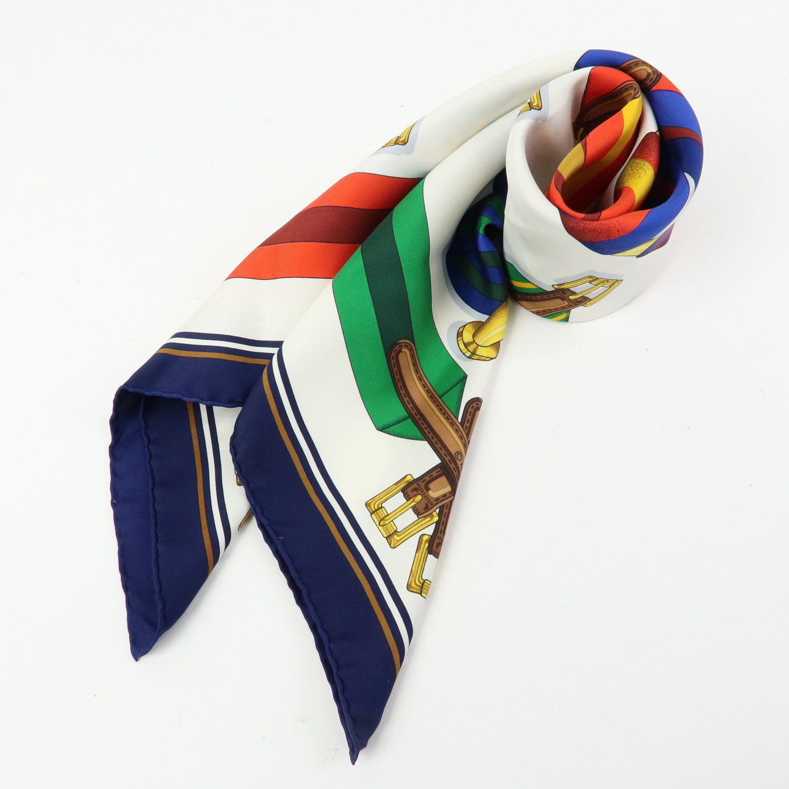 HERMES Carre 90 Silk 100% J.METZ Les Sangles Scarf Blue Green Red