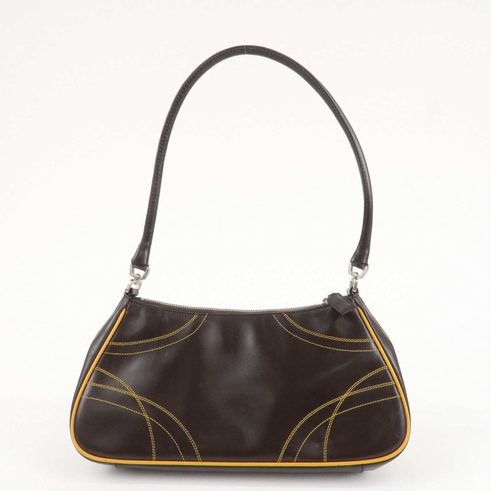 PRADA Logo Leather Shoulder Bag Hand Bag Brown Yellow B11055 Used