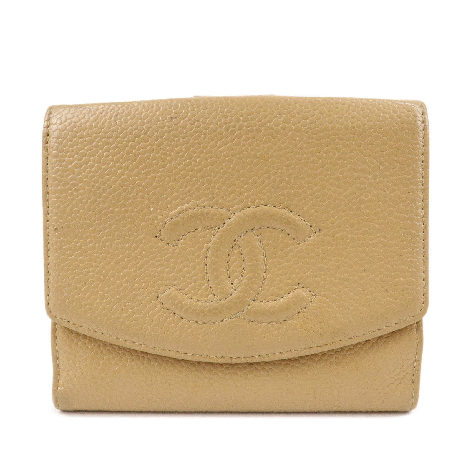 CHANEL COCO Mark Caviarskin W Hook Bi-fold Wallet Beige Used