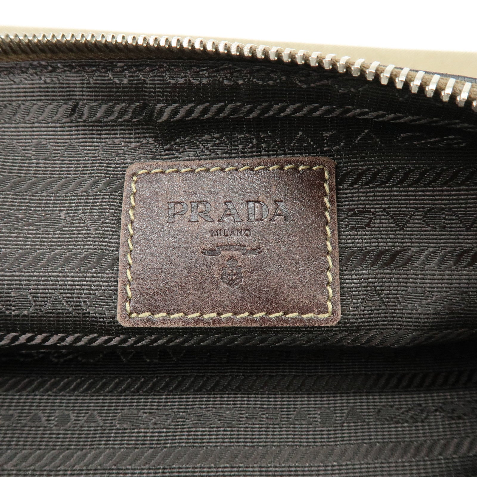PRADA Logo Jacquard Canvas Leather Clutch Bag Pouch Khaki
