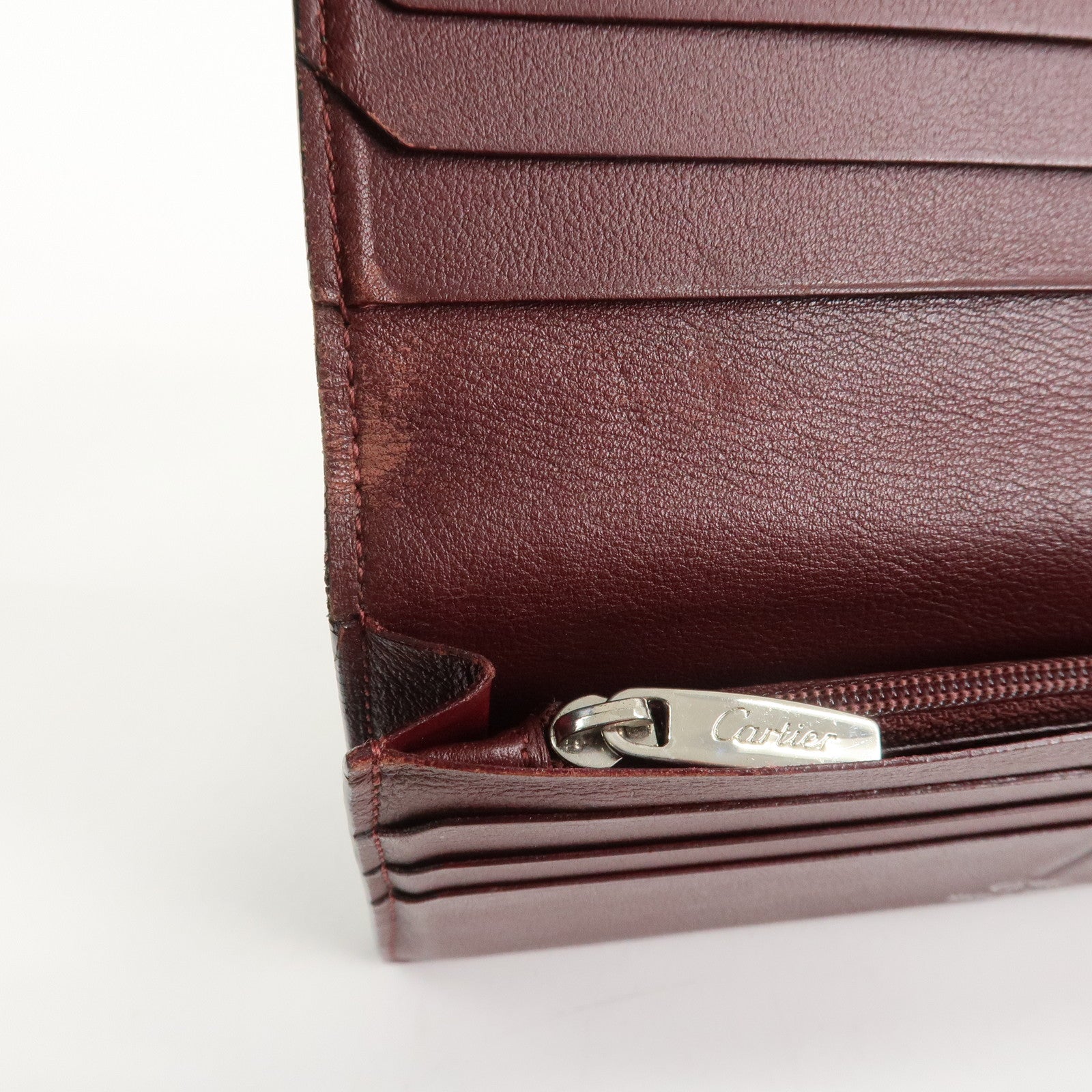 Cartier Leather Bi-fold Long Wallet Silver HDW Black Bordeaux Used