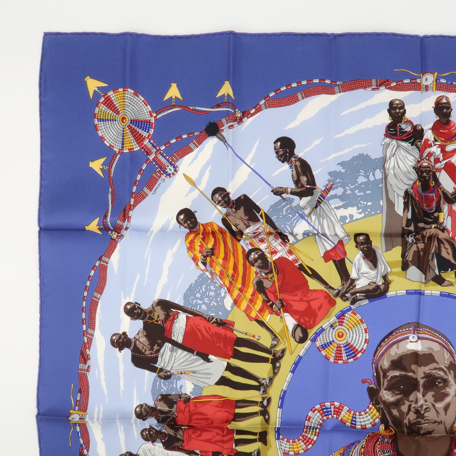 HERMES Carre 90 Silk 100% Scarf PERLES DU KENYA Blue Multicolor