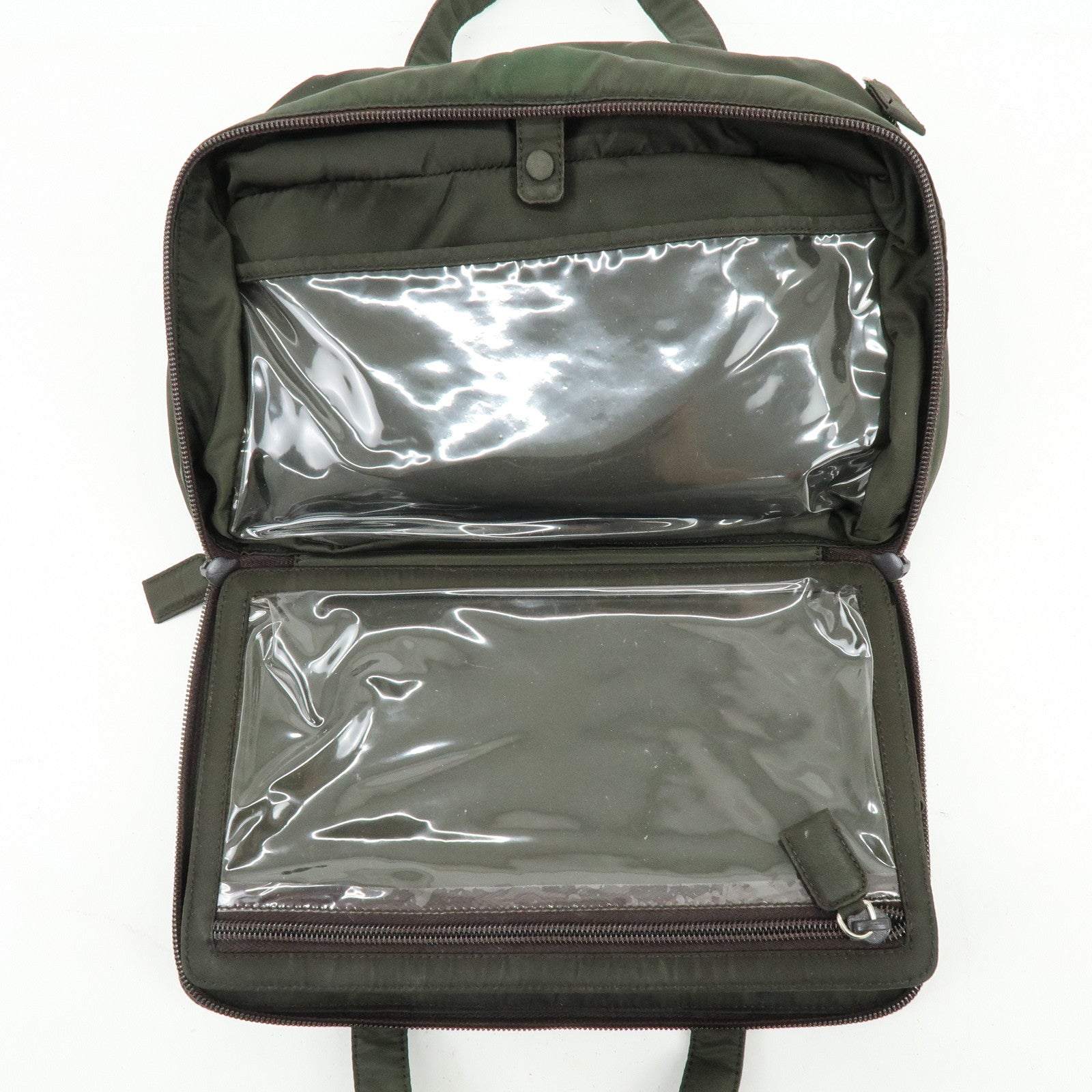 PRADA Triangle Logo Nylon Leather Hand Bag Cosmetic Case Khaki