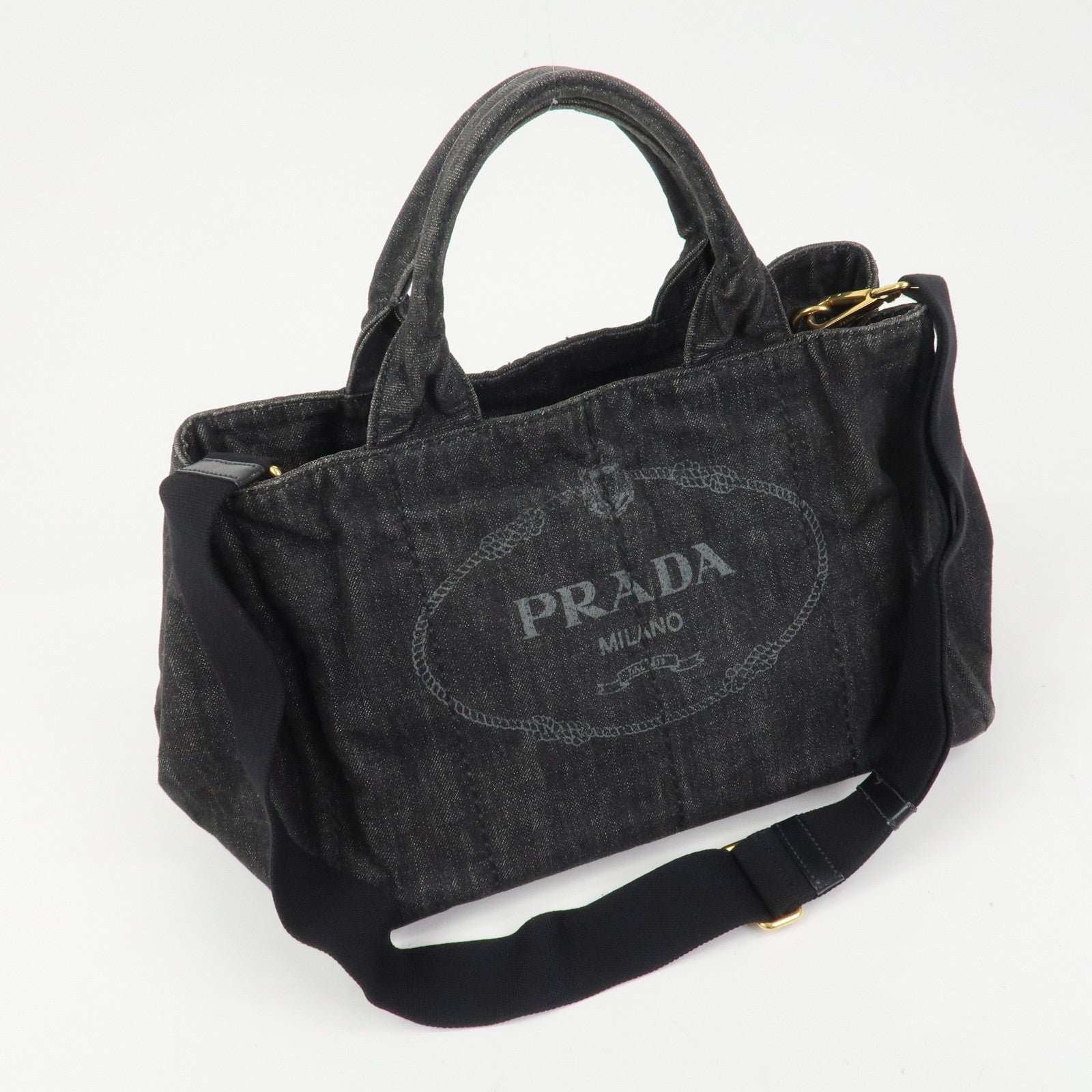 PRADA Canapa Denim 2Way Bag Hand Bag Shoulder Bag Black 1BG642