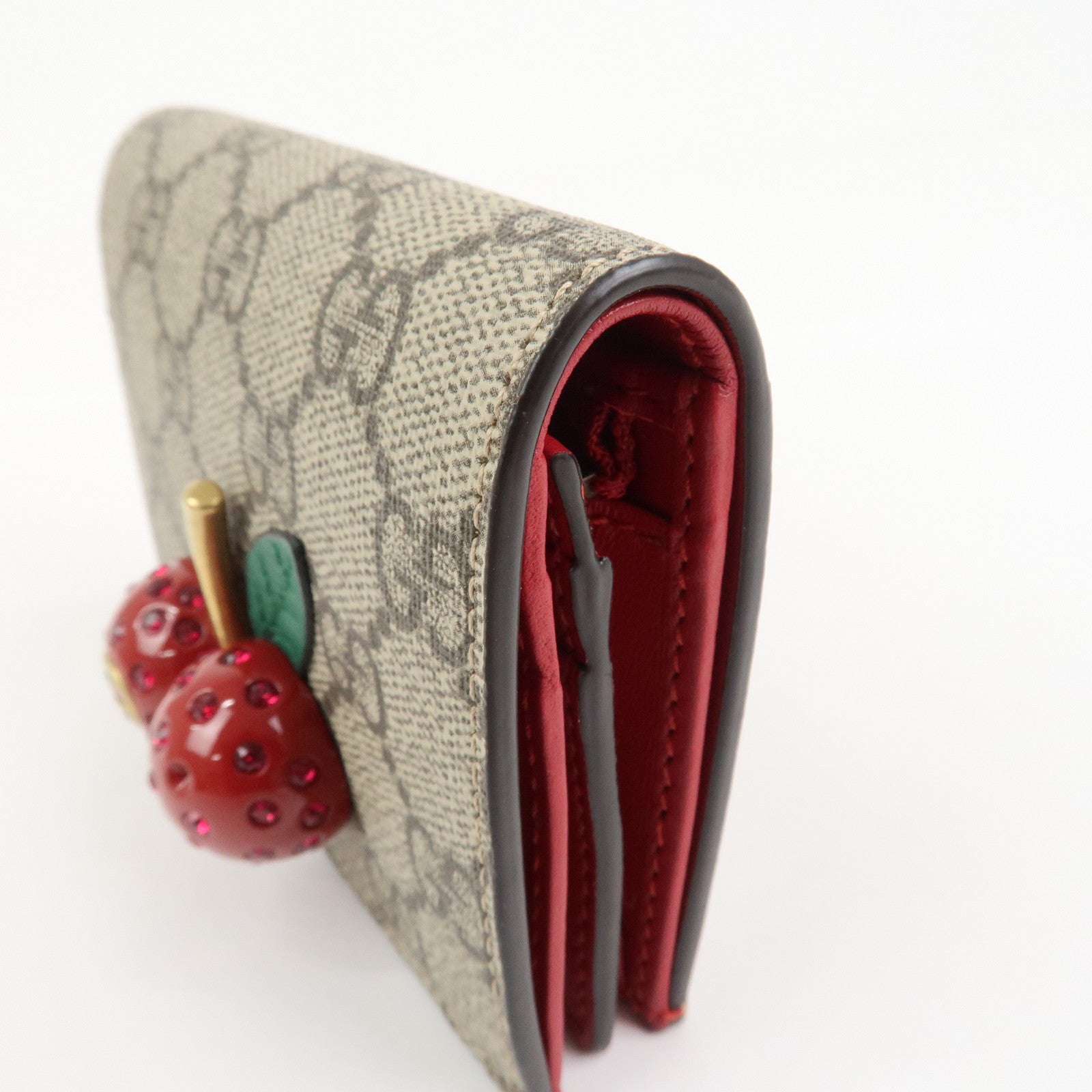 GUCCI Interlocking G GG Supreme Cherry Compact Wallet Beige 476050