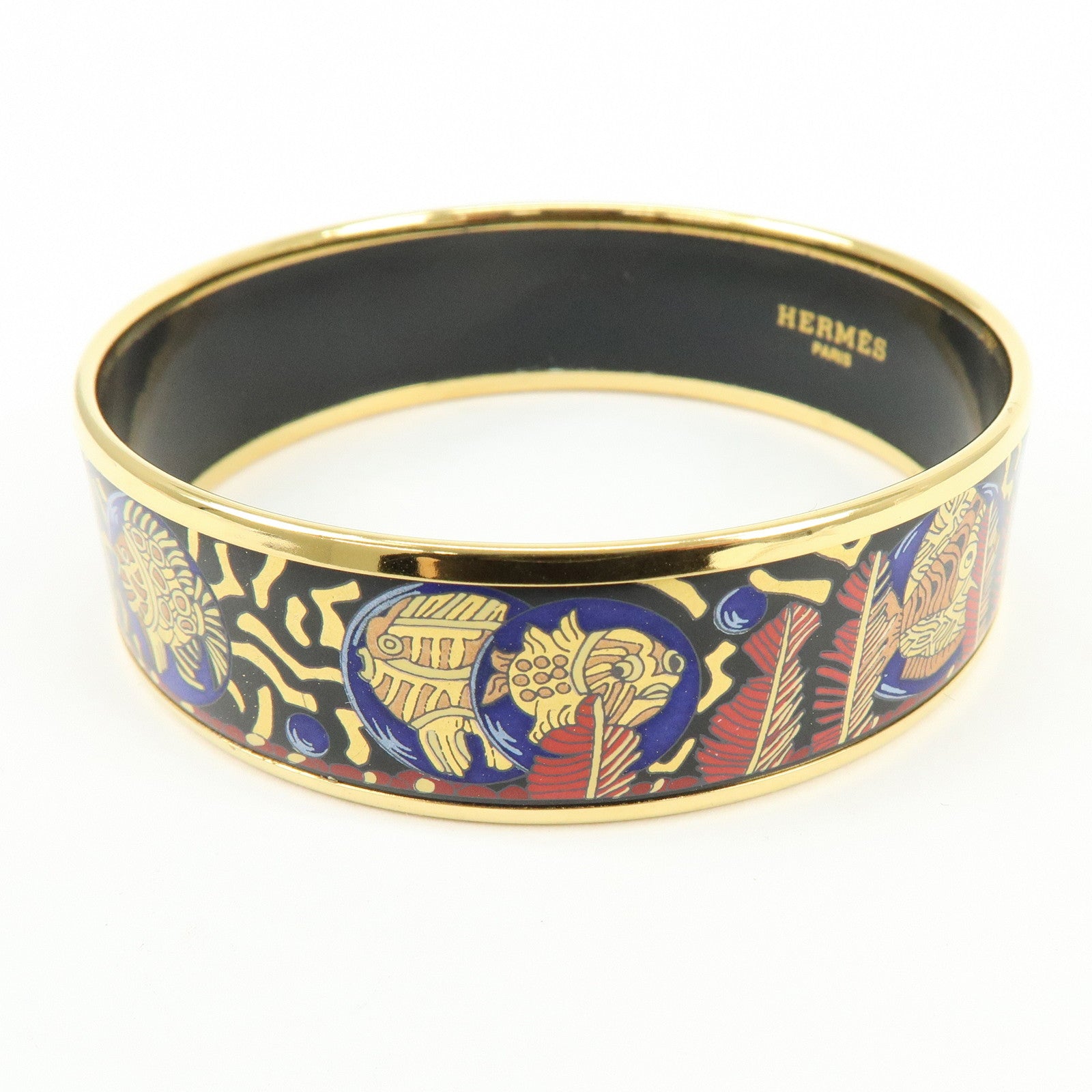 HERMES Email GM Gold Plated Bangle Bracelet Black Gold