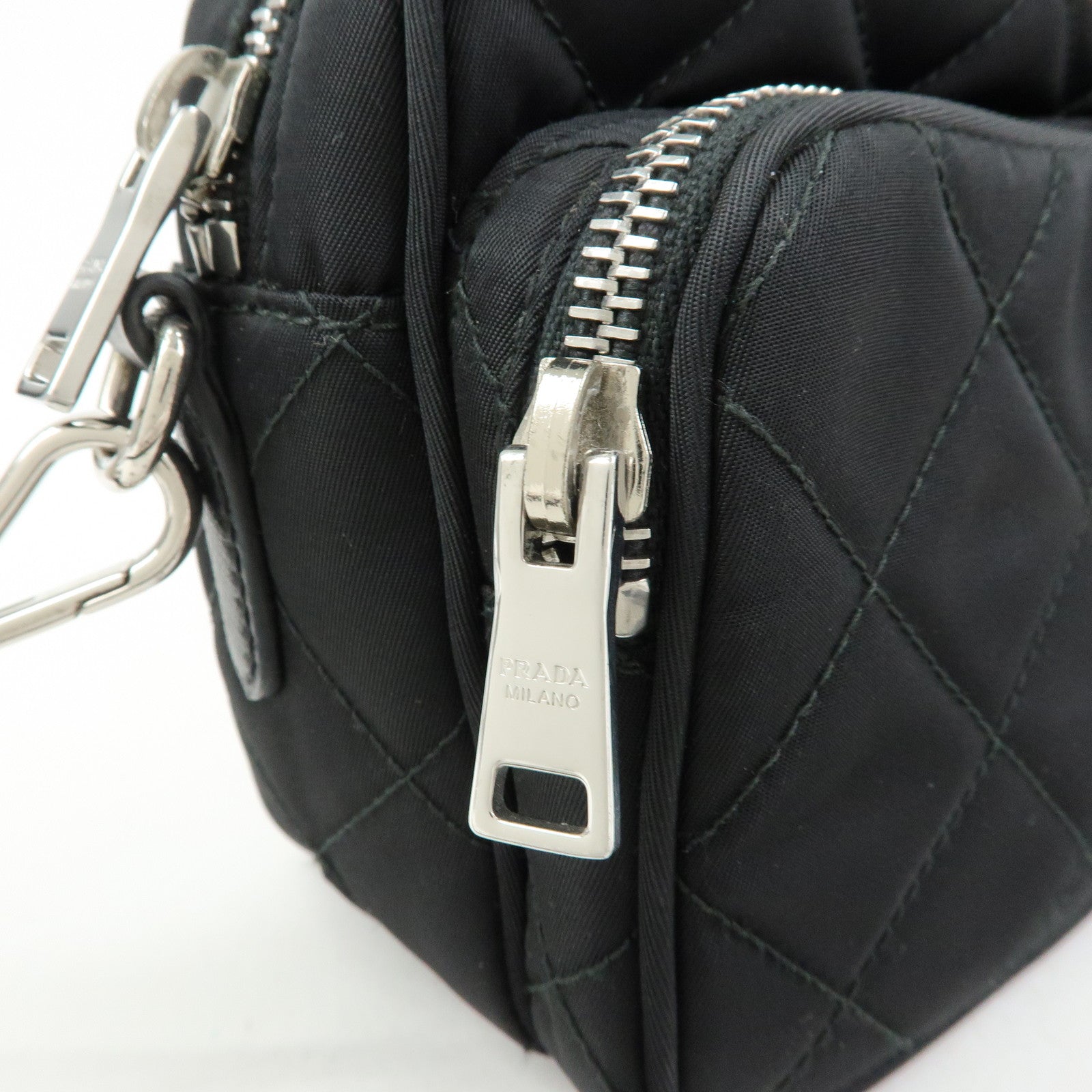 PRADA Triangle Logo Nylon Leather Quilt Shoulder Bag Black BT1027