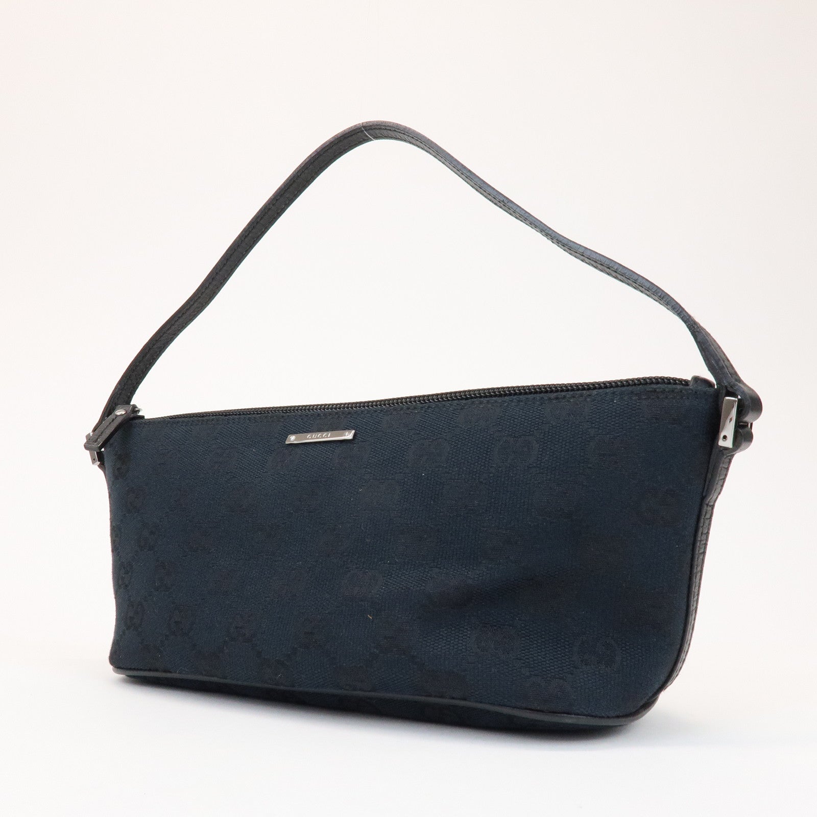 GUCCI Boat Bag GG Canvas Leather Pouch Hand Bag Black 07198