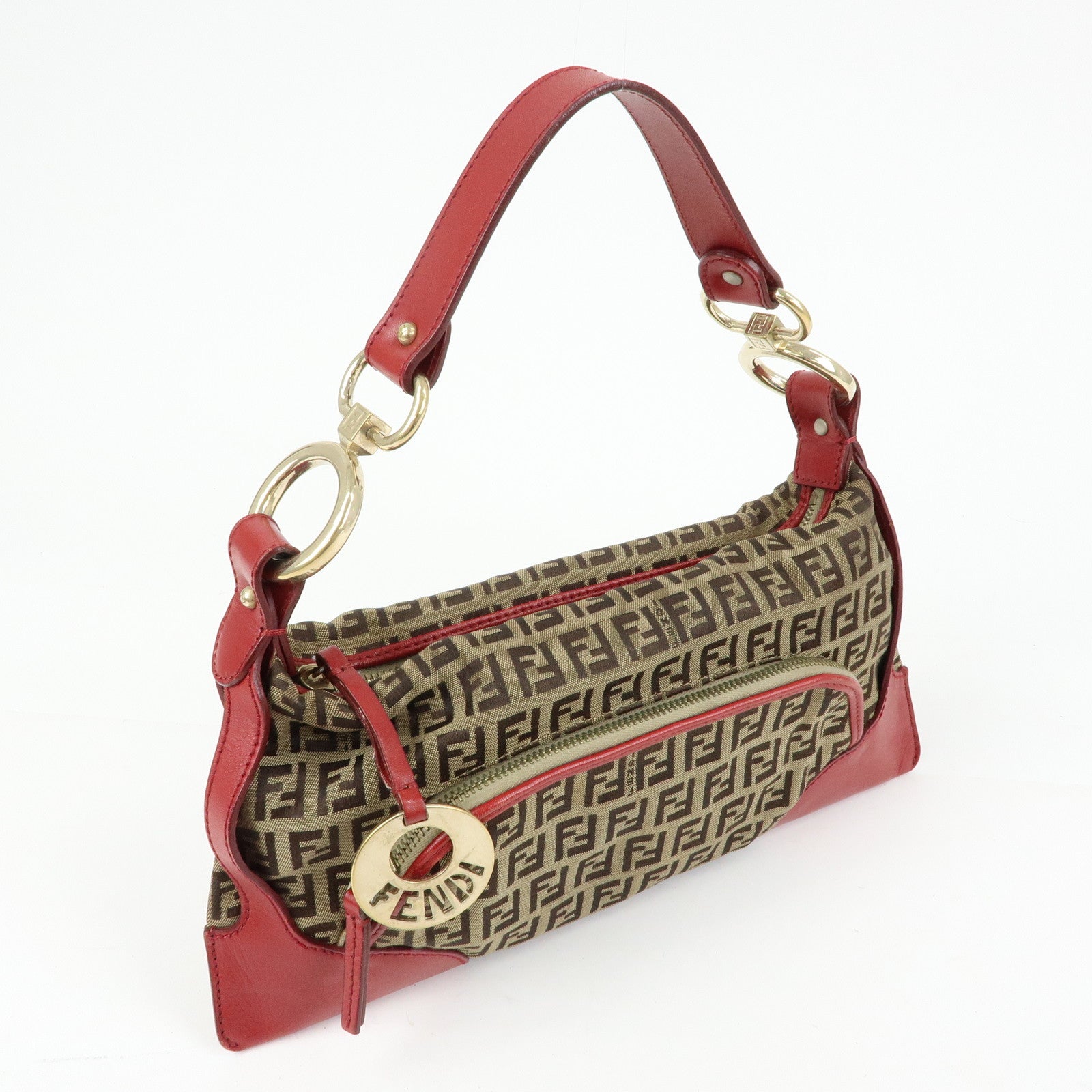 FENDI Zucca Canvas Leather Hand Bag Shoulder Bag Beige Red 8BR464