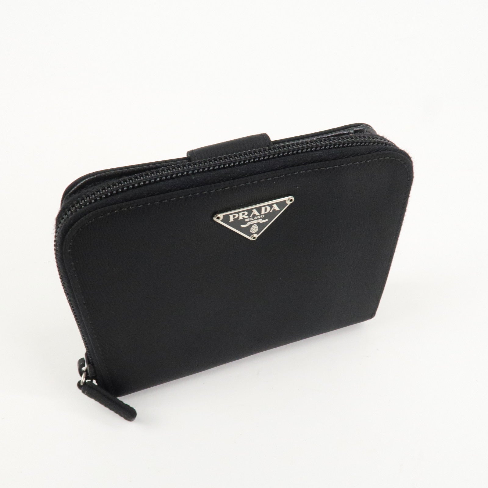PRADA Nylon Saffiano Leather Bi-fold Round zippy Wallet Black Used