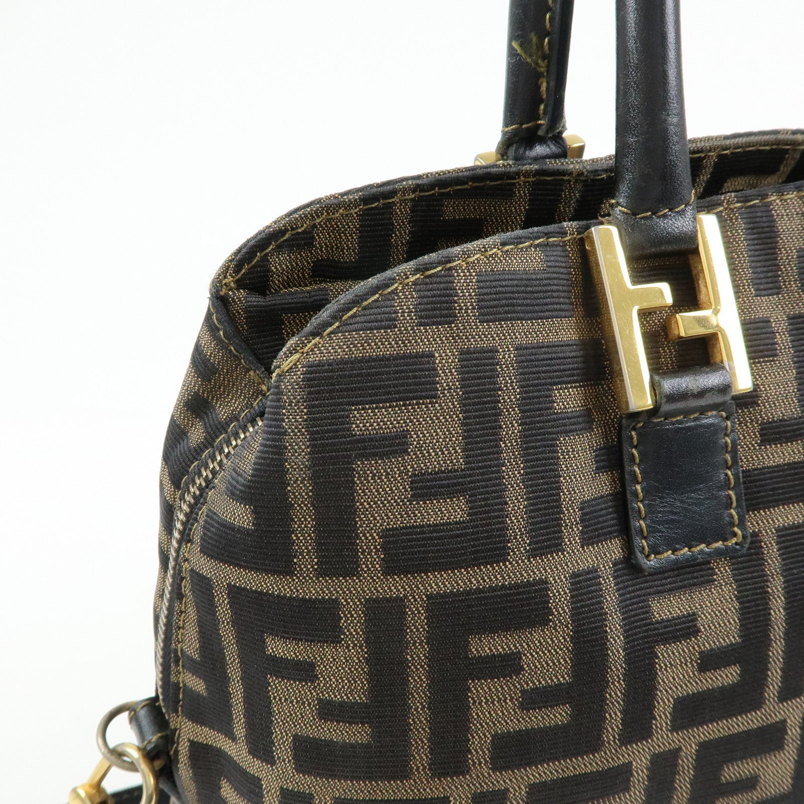 FENDI Zucca Canvas Leather 2Way Bag Hand Bag Shoulder Bag Brown
