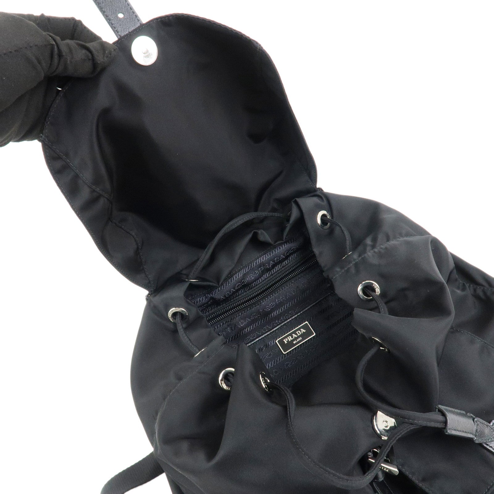 PRADA Triangle Logo Leather Nylon Backpack Rucksack Black B6677