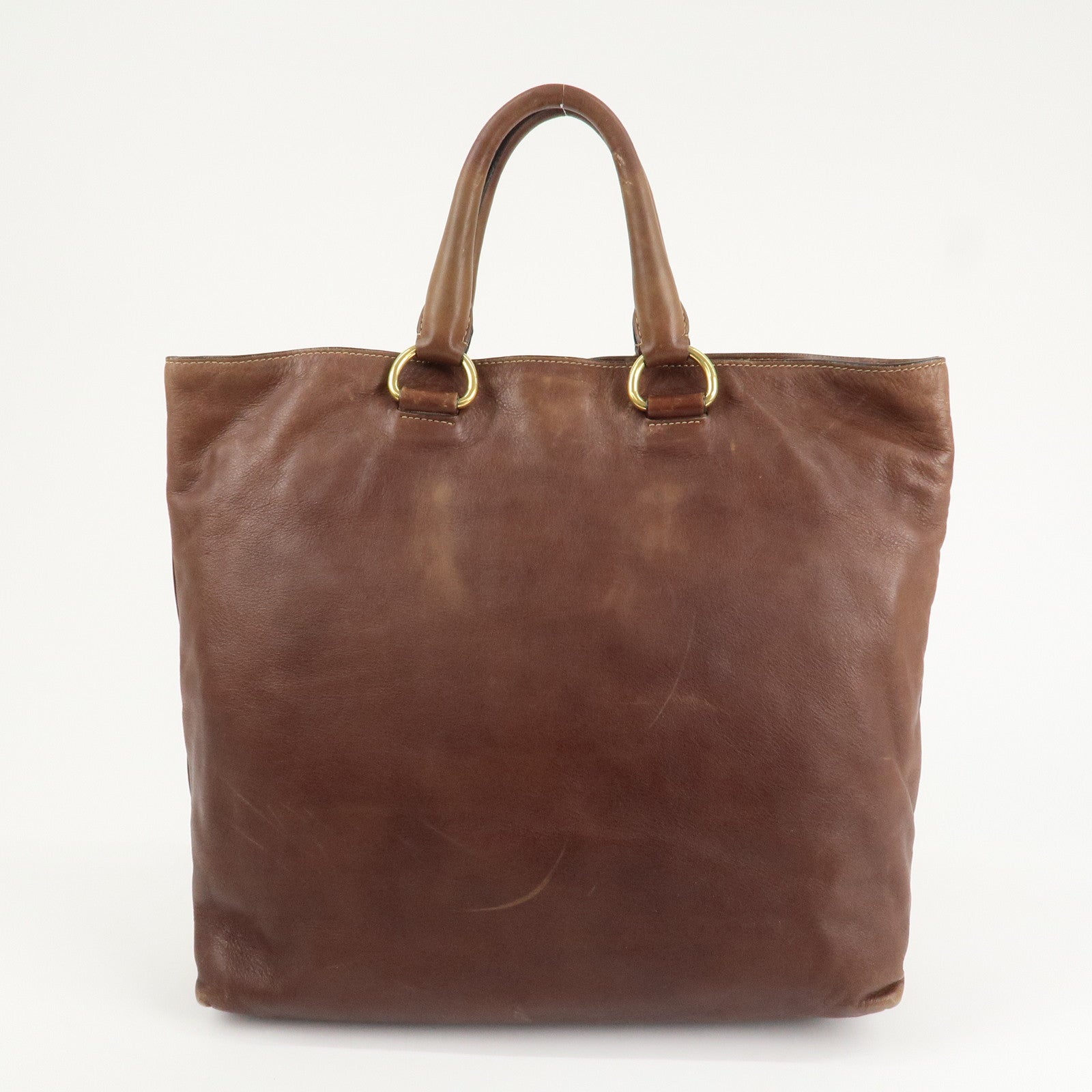 PRADA Logo Leather 2way Shoulder Bag Tote Bag Gold HDW Brown Used