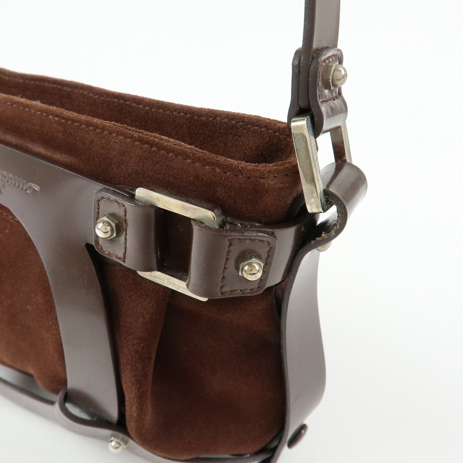Ferragamo Gancini Suede Leather Hand Bag Shoulder Bag Dark Brown