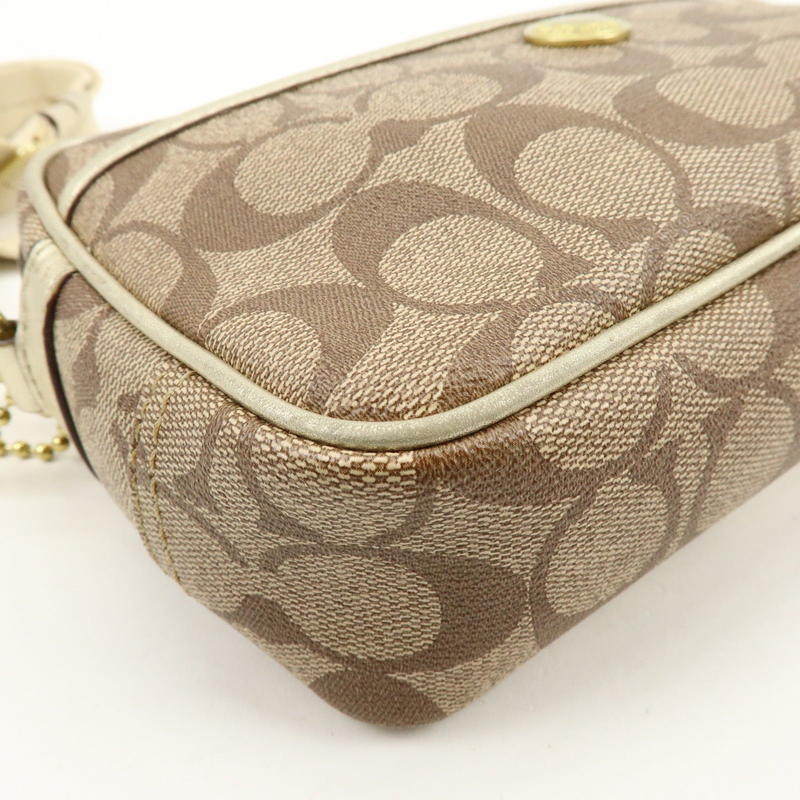 COACH Signature PVC Coated Canvas Leather Shoulder Bag Beige Gold