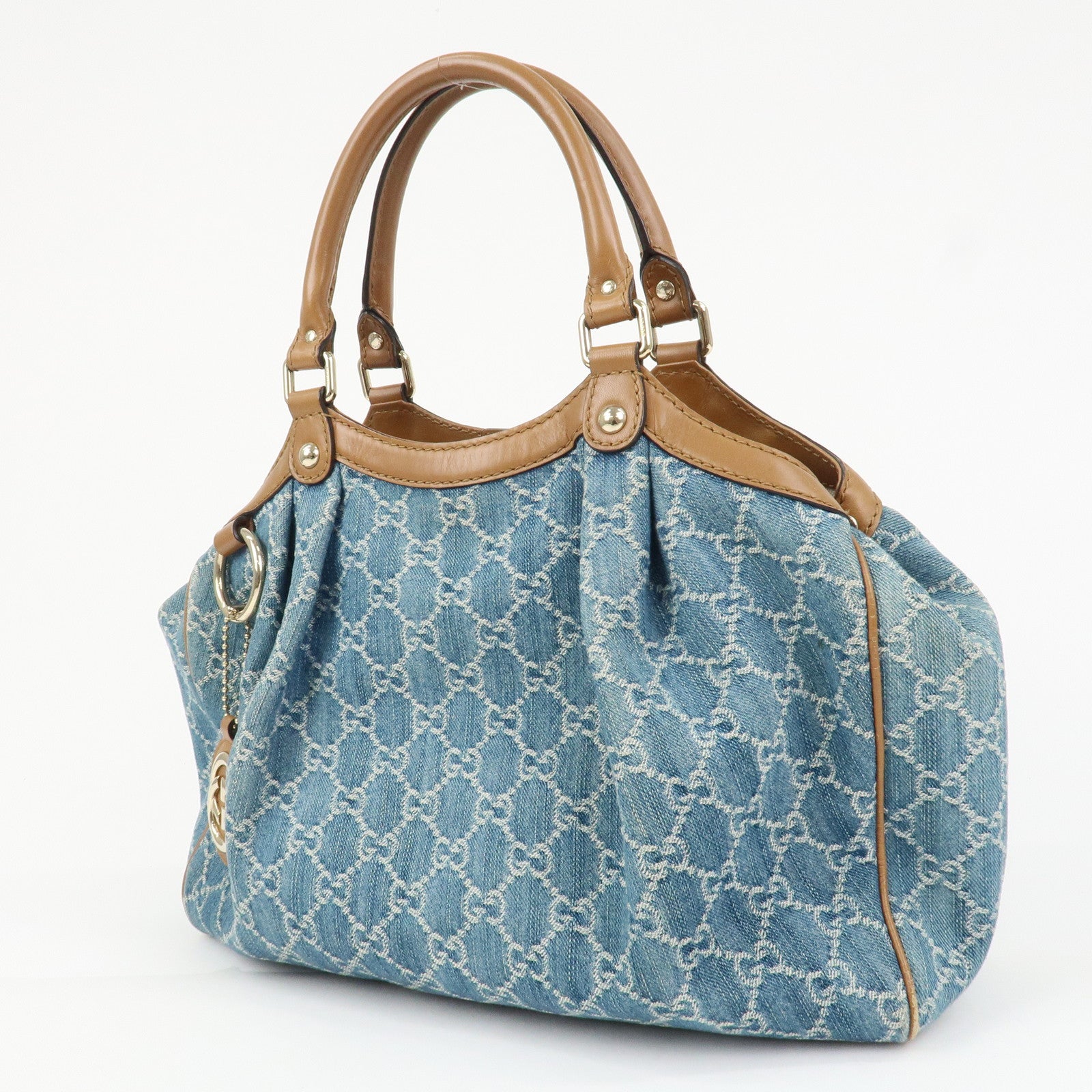 GUCCI Sukey GG Denim Leather Tote Bag Hand Bag Blue Brown 211944