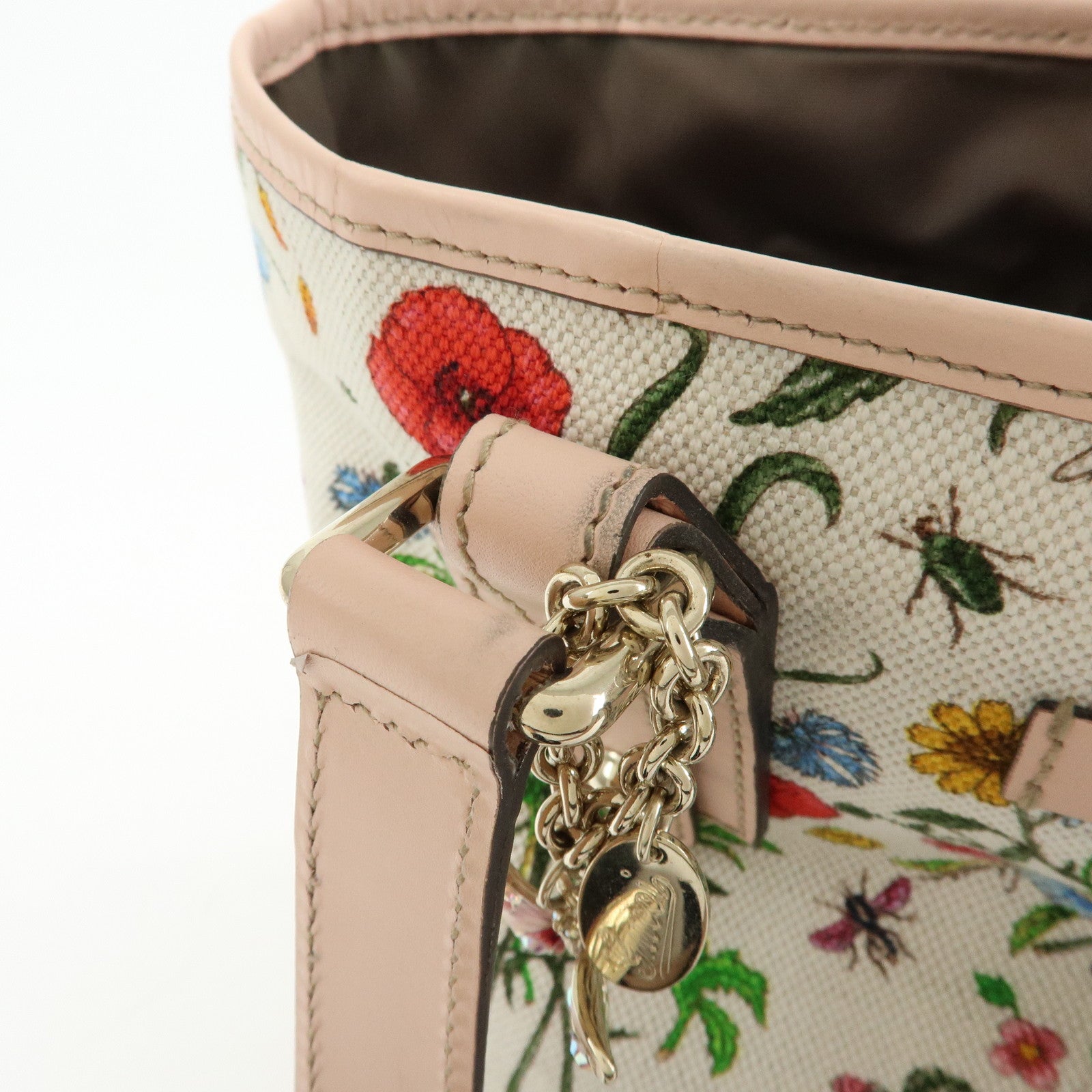 GUCCI Flora Flower Motif Canvas Leather Tote Bag White Pink 240018