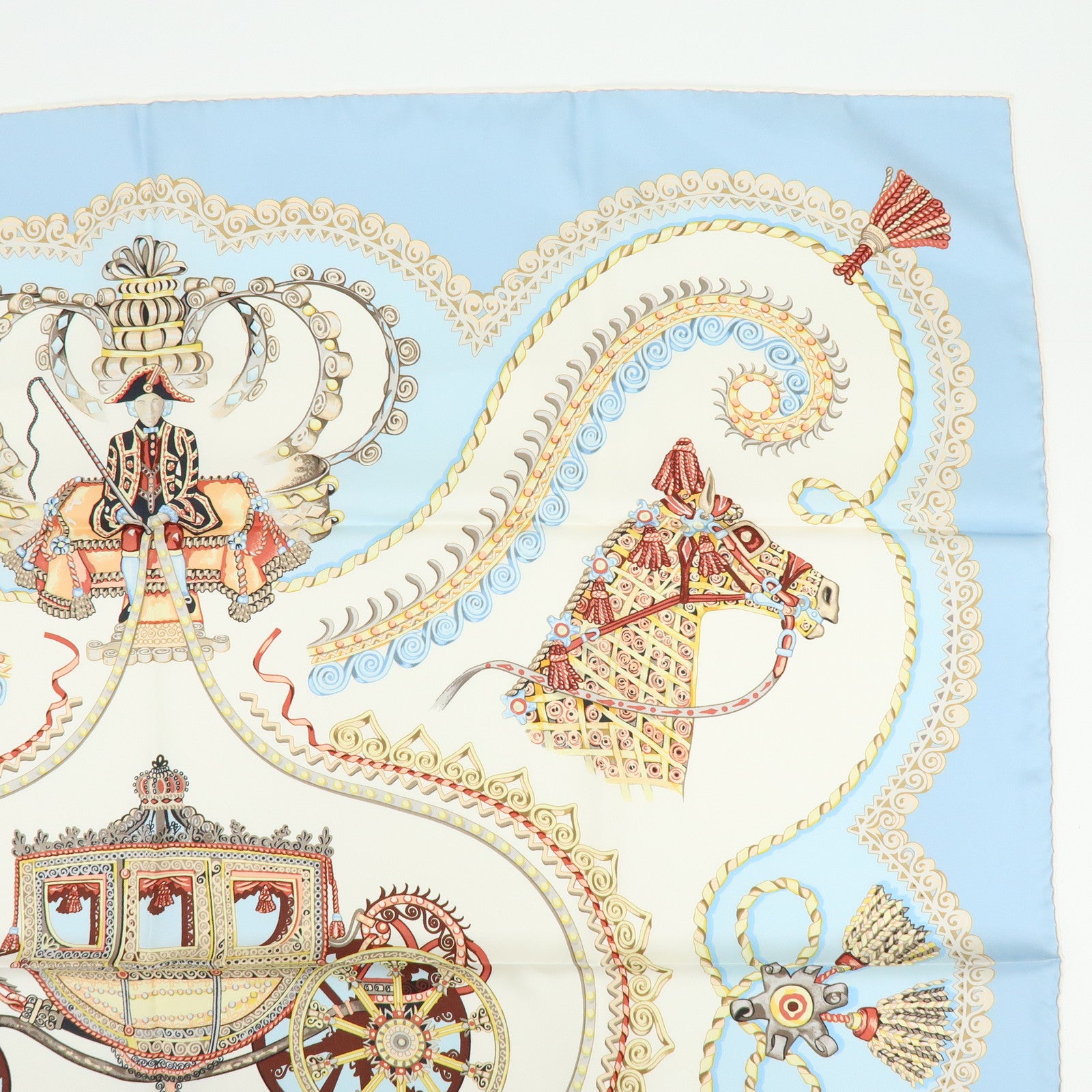 HERMES Carre 90 Silk 100% Scarf PAPEROLLES Light Blue Ivory
