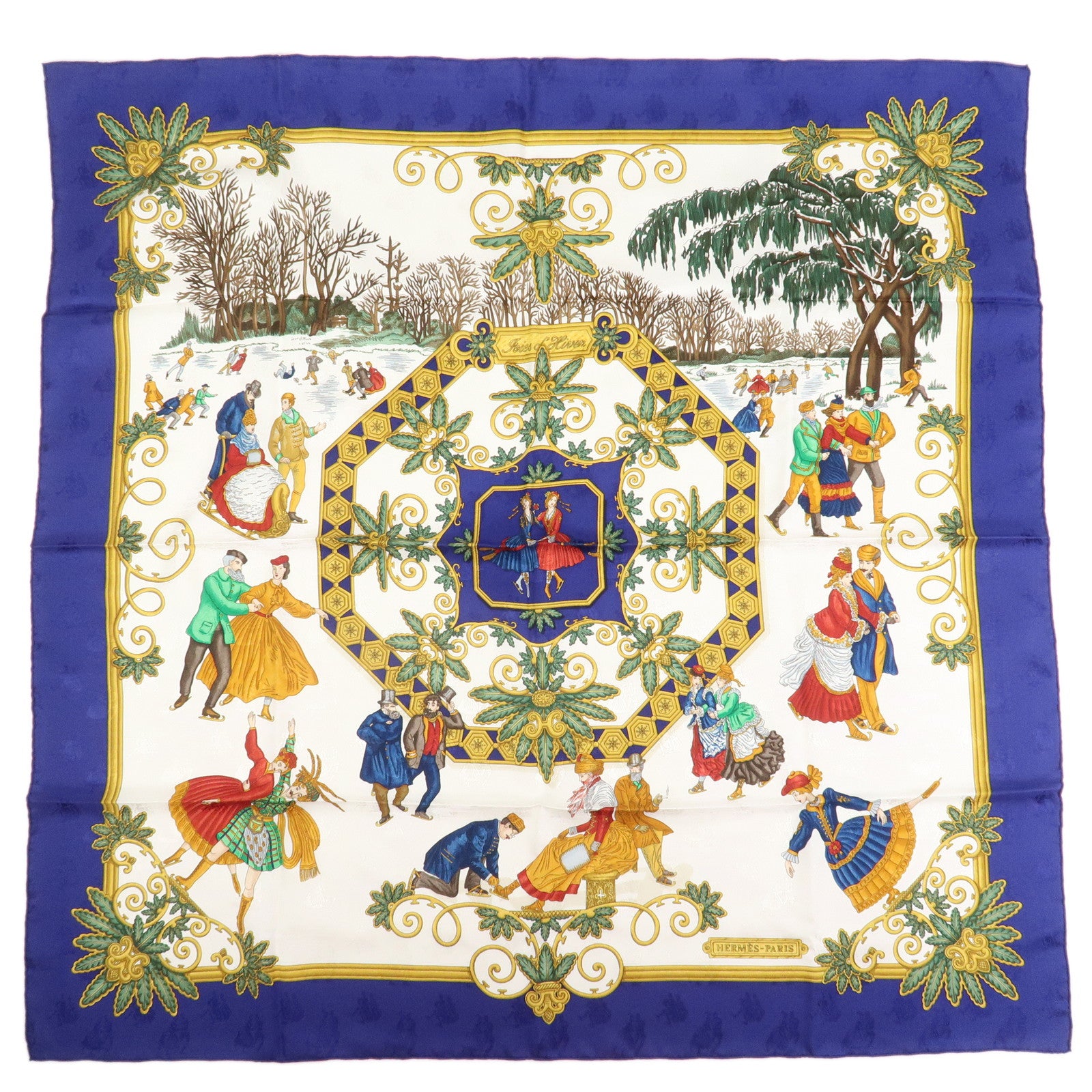 HERMES Carre 90 Silk 100% Scarf Joies d’Hiver Blue White Gold