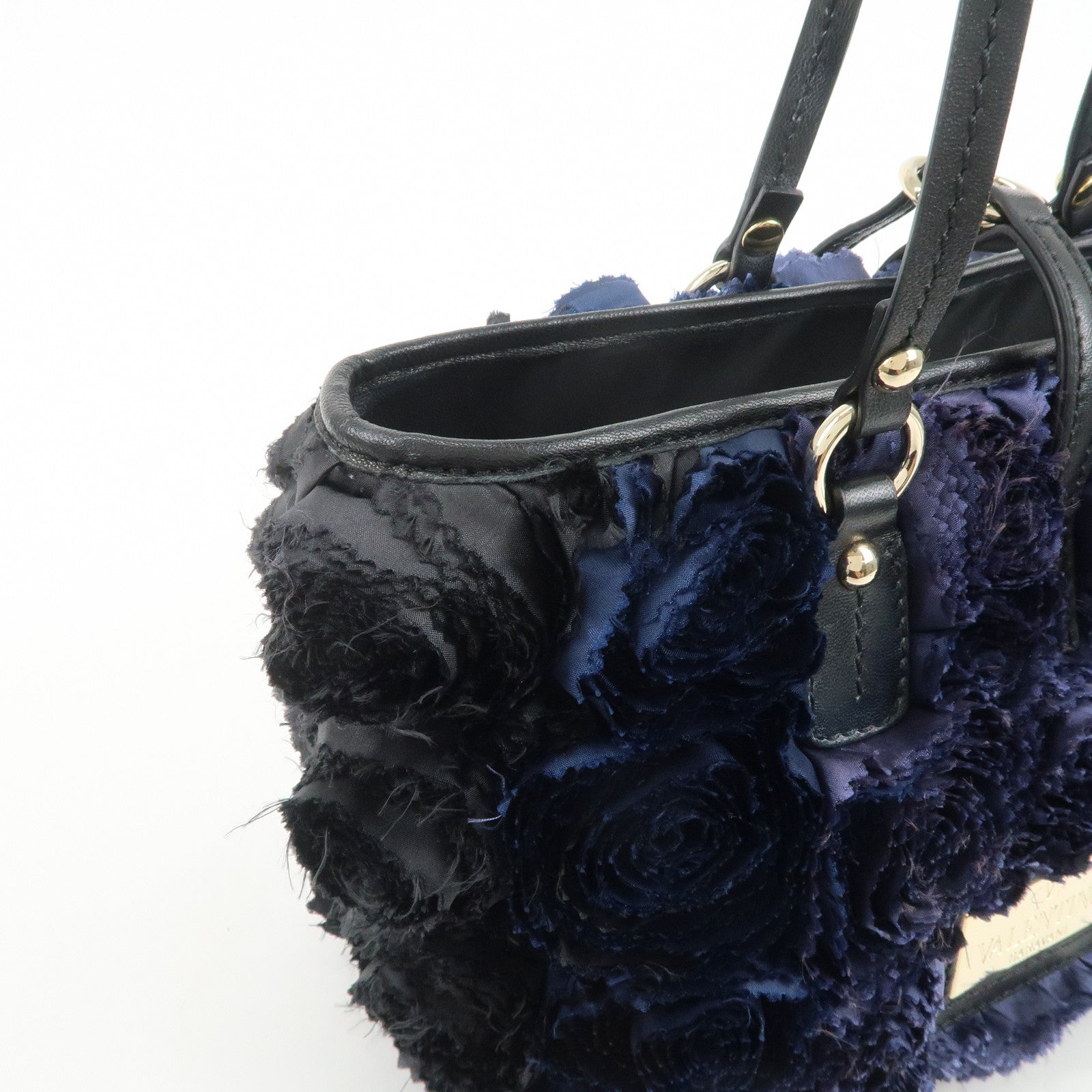VALENTINO Logo Nylon Leather Hand Bag Navy Gold
