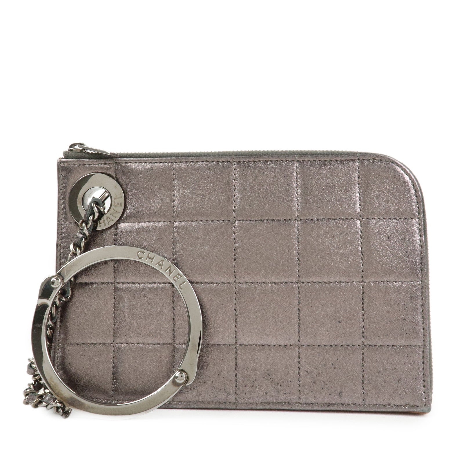 CHANEL Chocolate Bar Leather Clutch Bag Hand Bag Silver