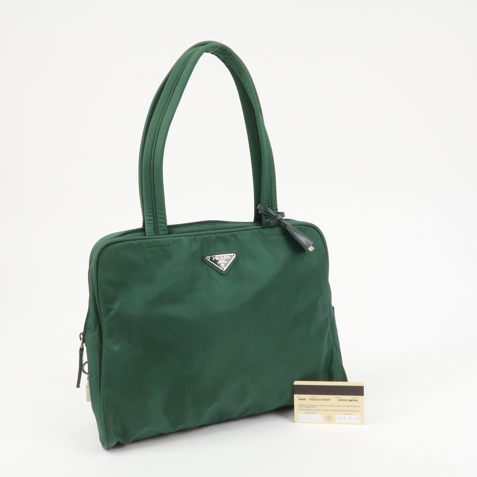 PRADA Triangle Logo Nylon Leather Tote Bag Shoulder Bag Green