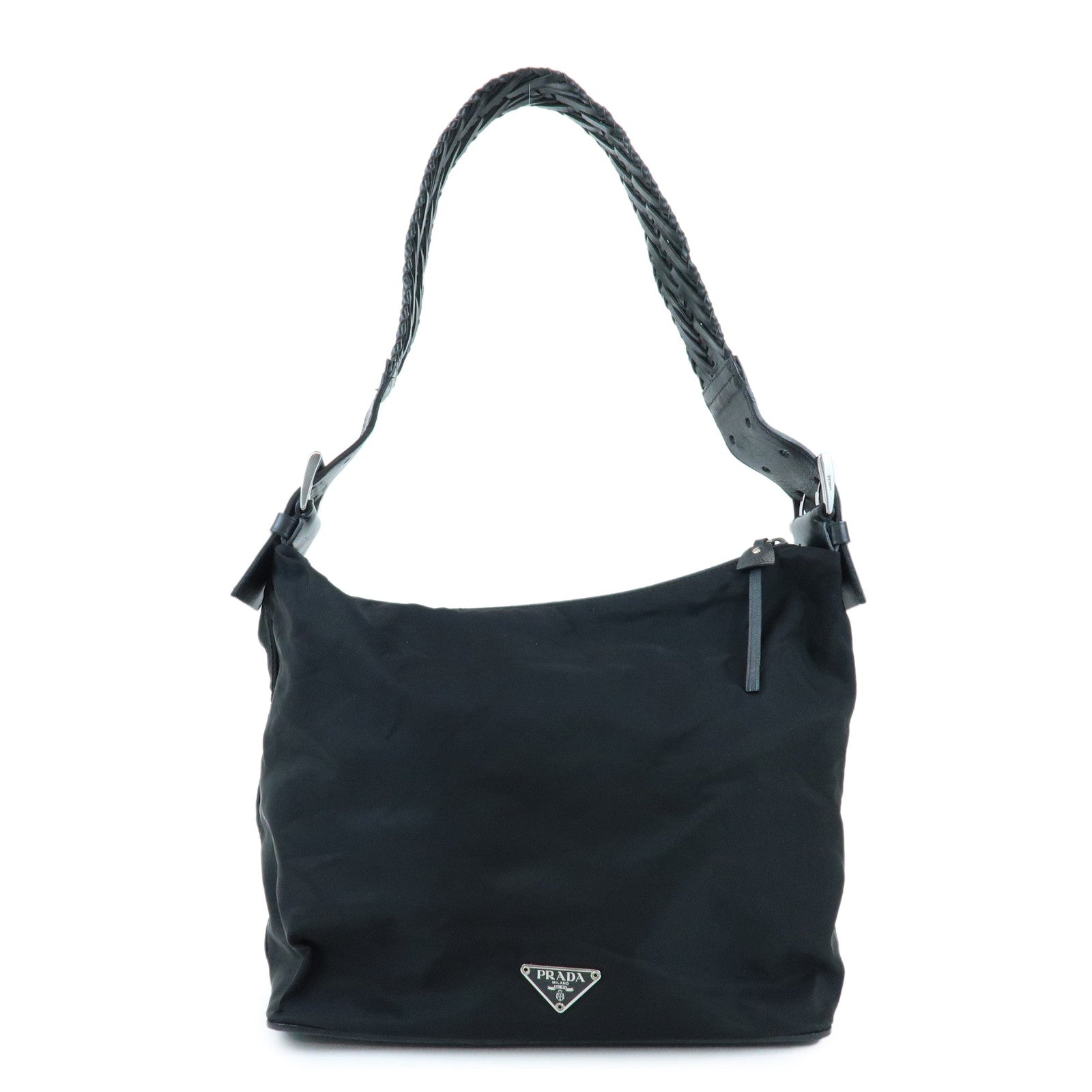 PRADA Triangle Logo Nylon Leather Shoulder Bag Black BR0575