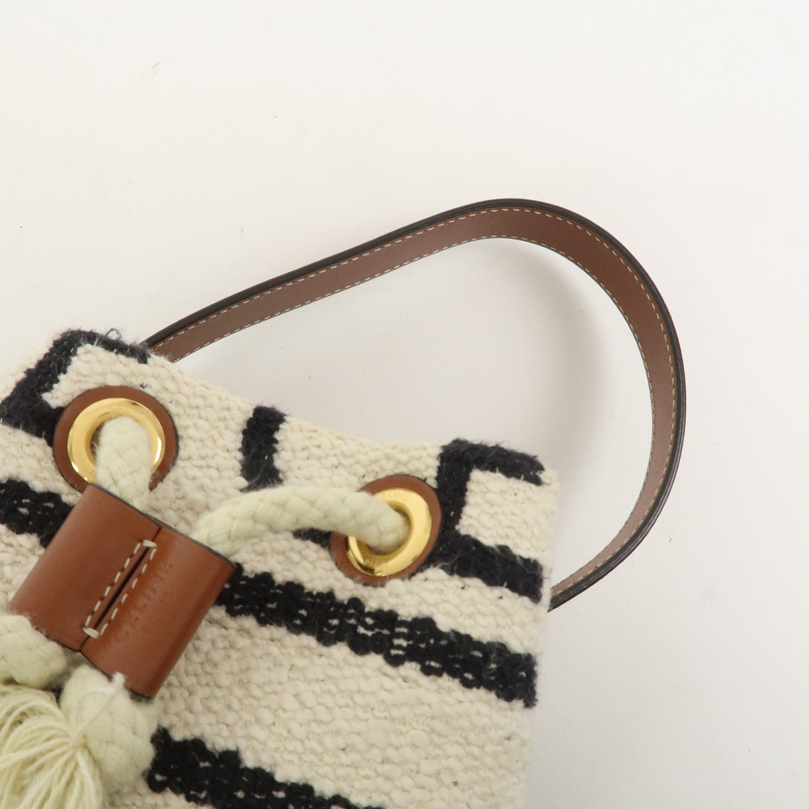 CELINE Teen Drawstring Canvas Leather Hand Bag Natural Brown