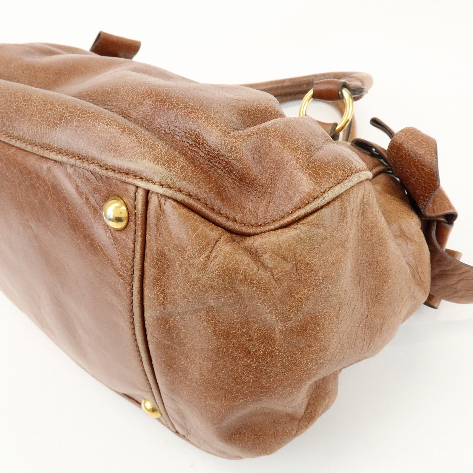 MIU MIU Leather Side Ribbon 2Way Shoulder Bag Hand Bag Brown RN0686