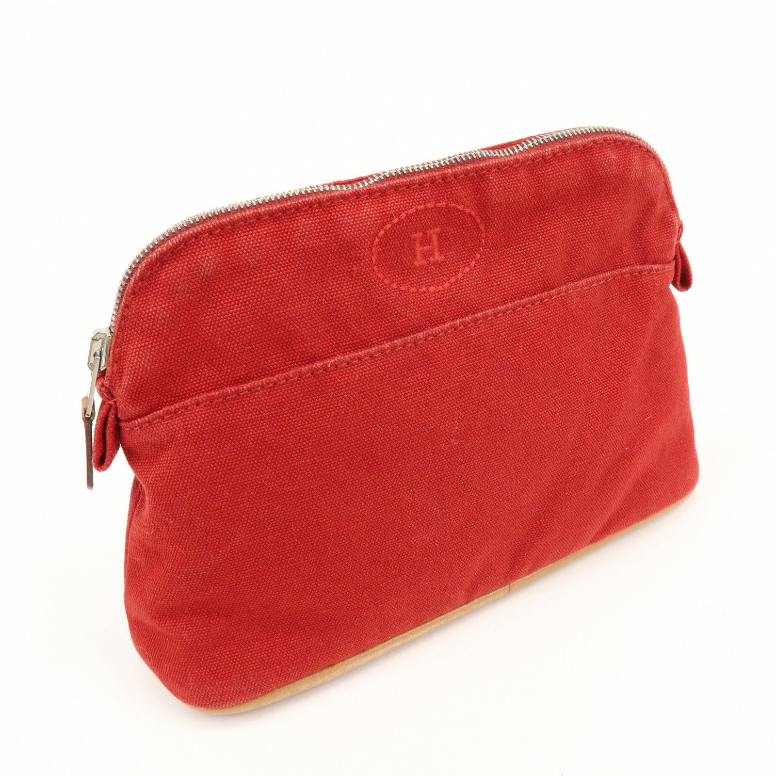 HERMES Bolide Mini Cotton Leather Pouch Cosmetic Case Red Beige