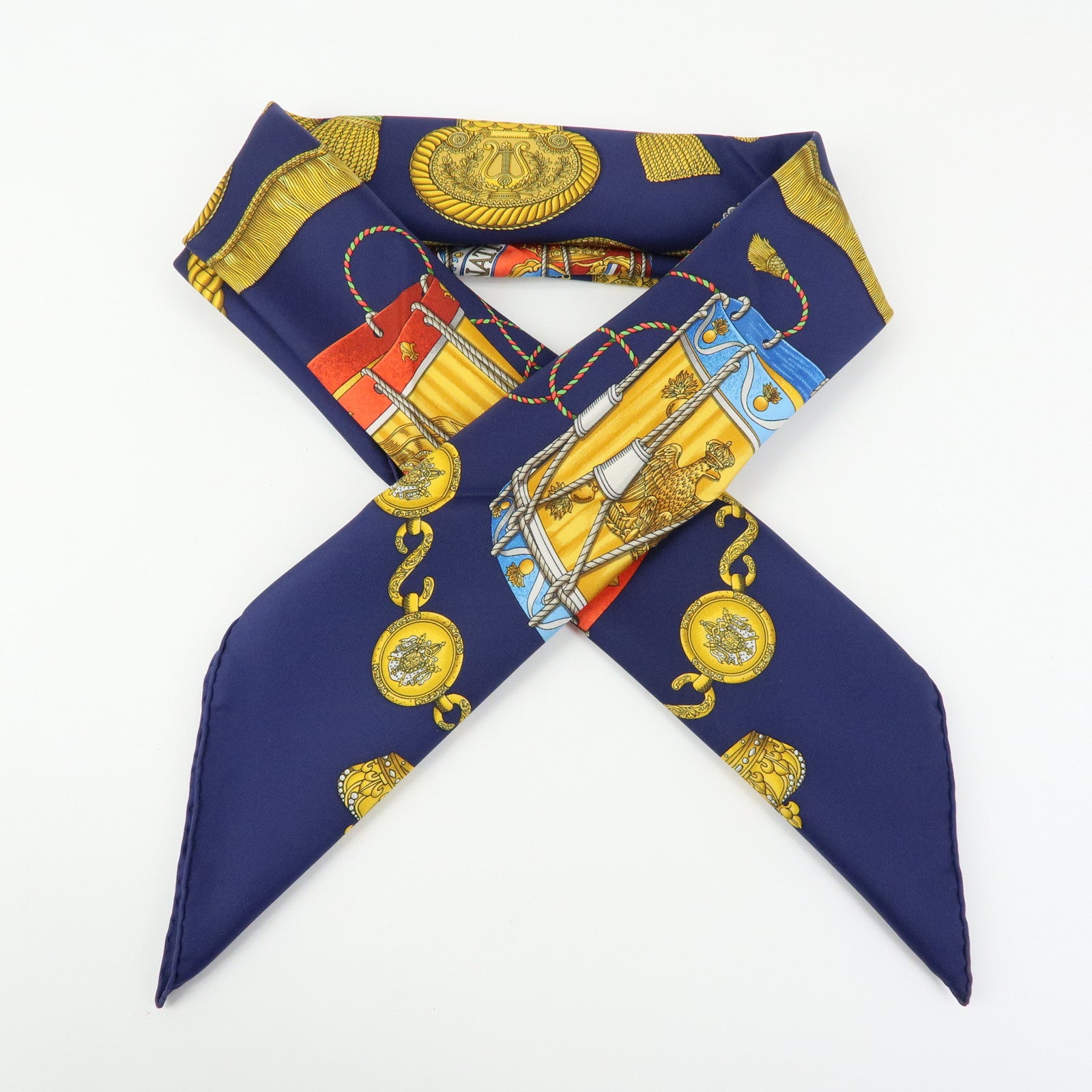 HERMES Carre 90 Silk 100% Scarf LES TAMBOURS Navy Gold