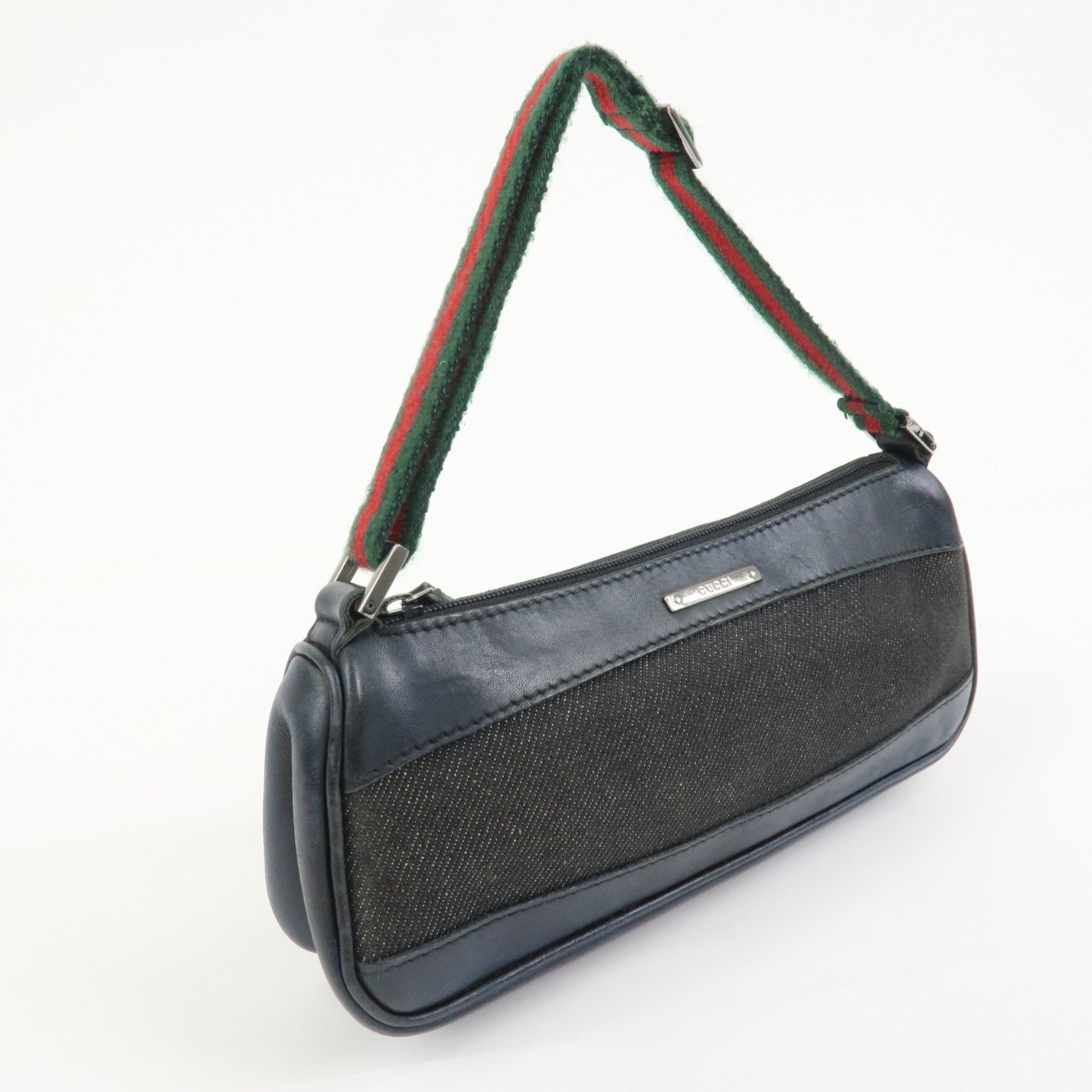 GUCCI Sherry Canvas Leather Accessory Pouch Hand Bag Navy 92820