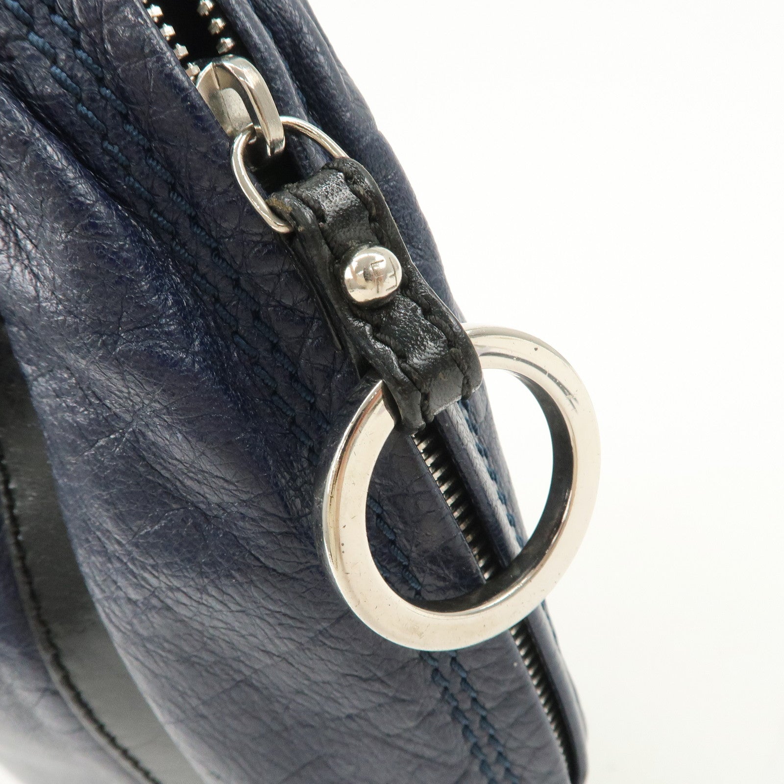 FENDI Leather Shoulder Bag Navy Black Silver HDW 8BR293 Used