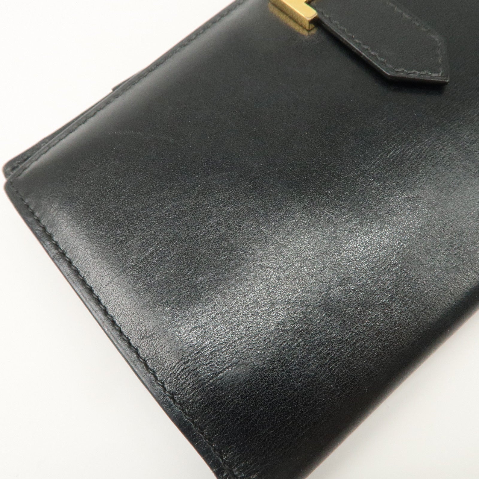 HERMES Bearn Leather Long Wallet H Stamped Black Gold HDW Used