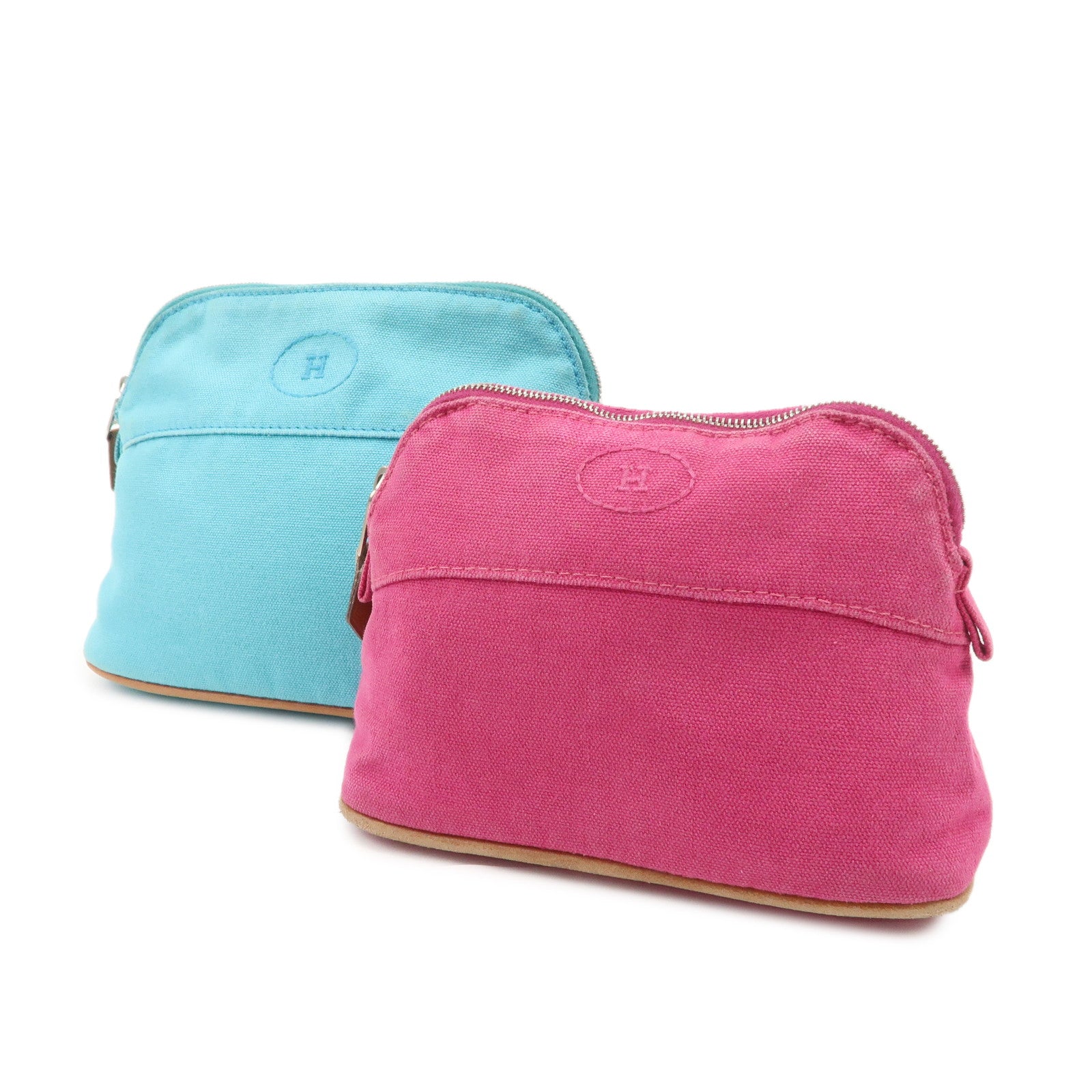 HERMES Set of 2 Leather Canvas Pouch Cosmetic Pouch Pink Blue Used