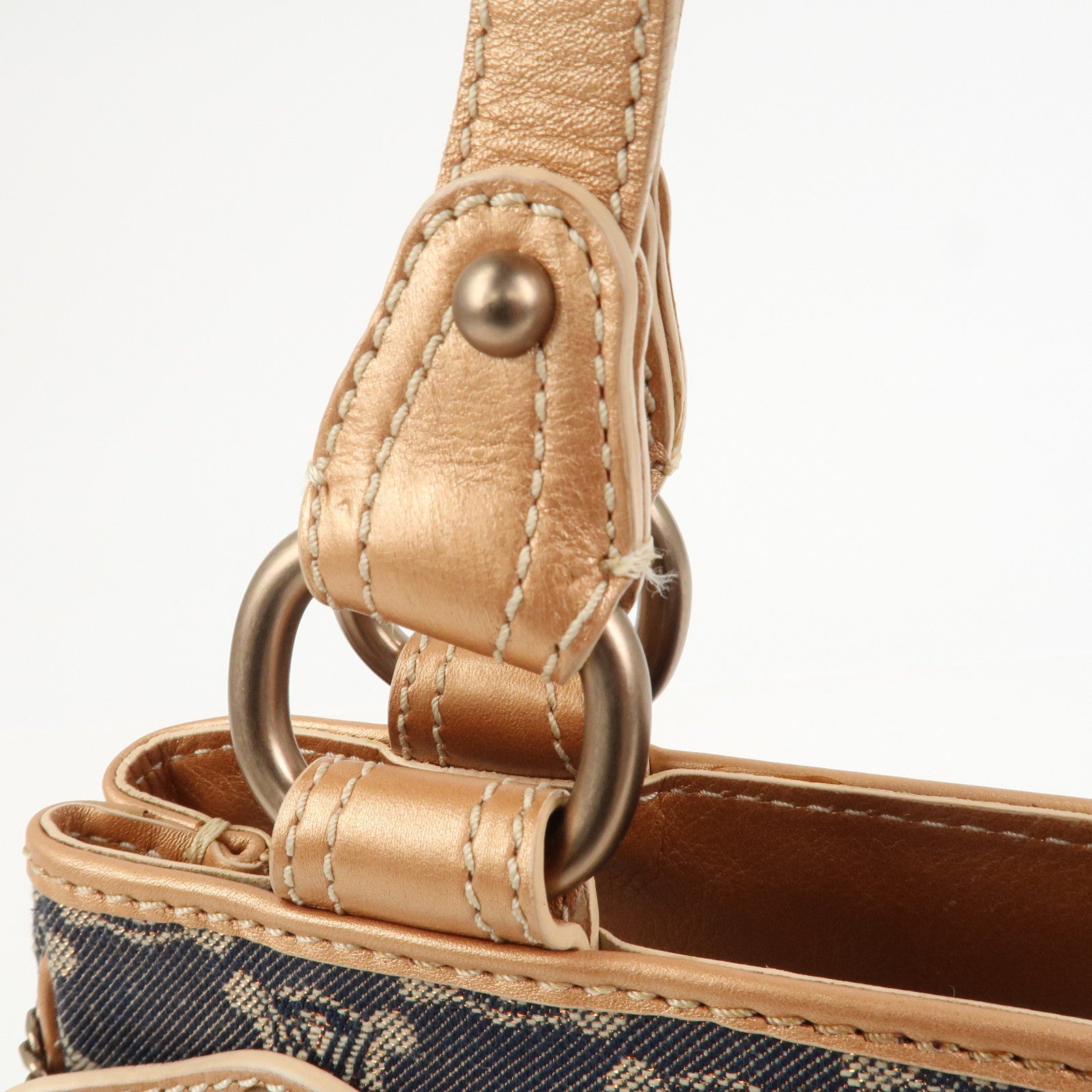 CELINE Macadam Denim Leather Glitter Hand Bag Metallic Pink Navy