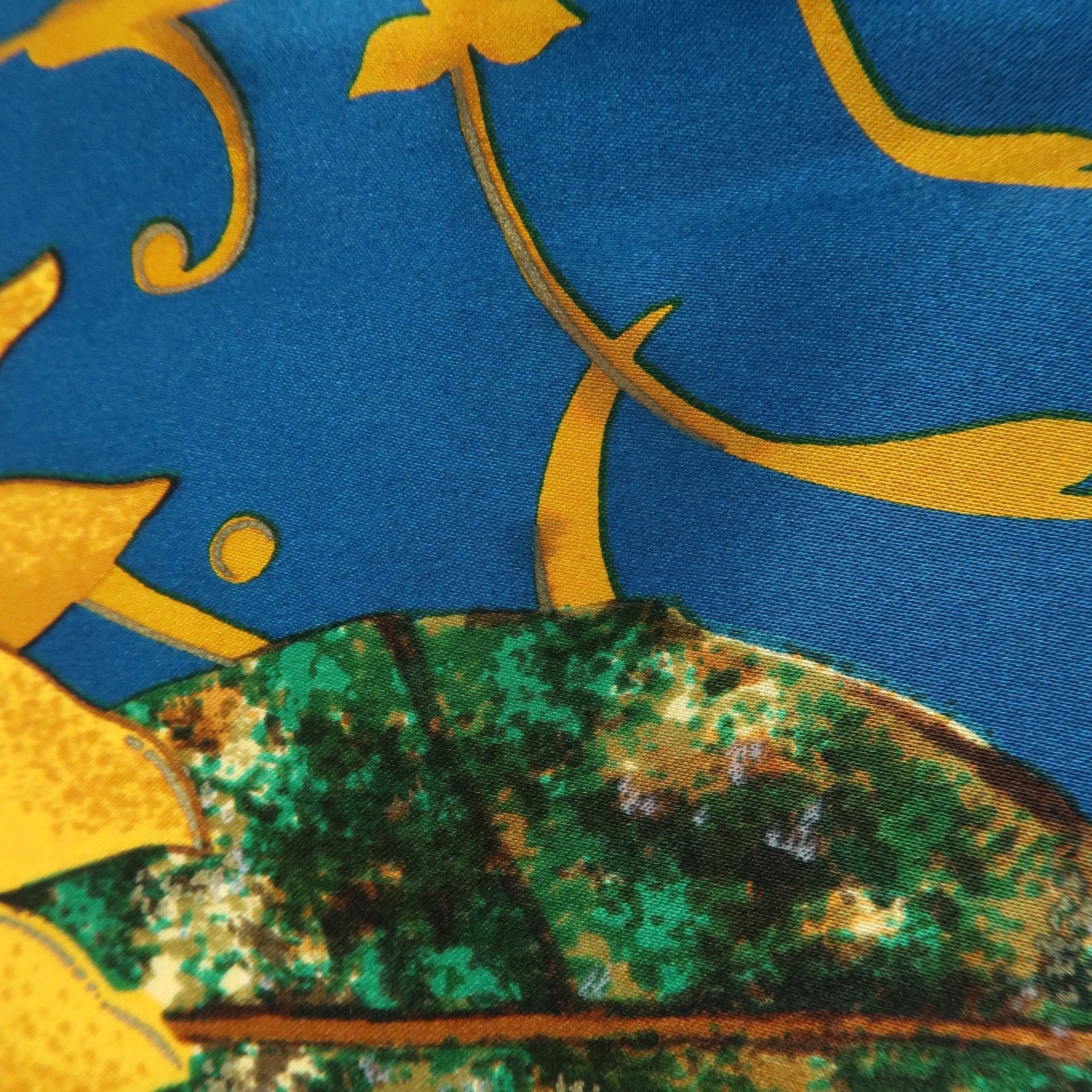 CHANEL Silk 100% Scarf Flower Print Sunflower Blue Gold