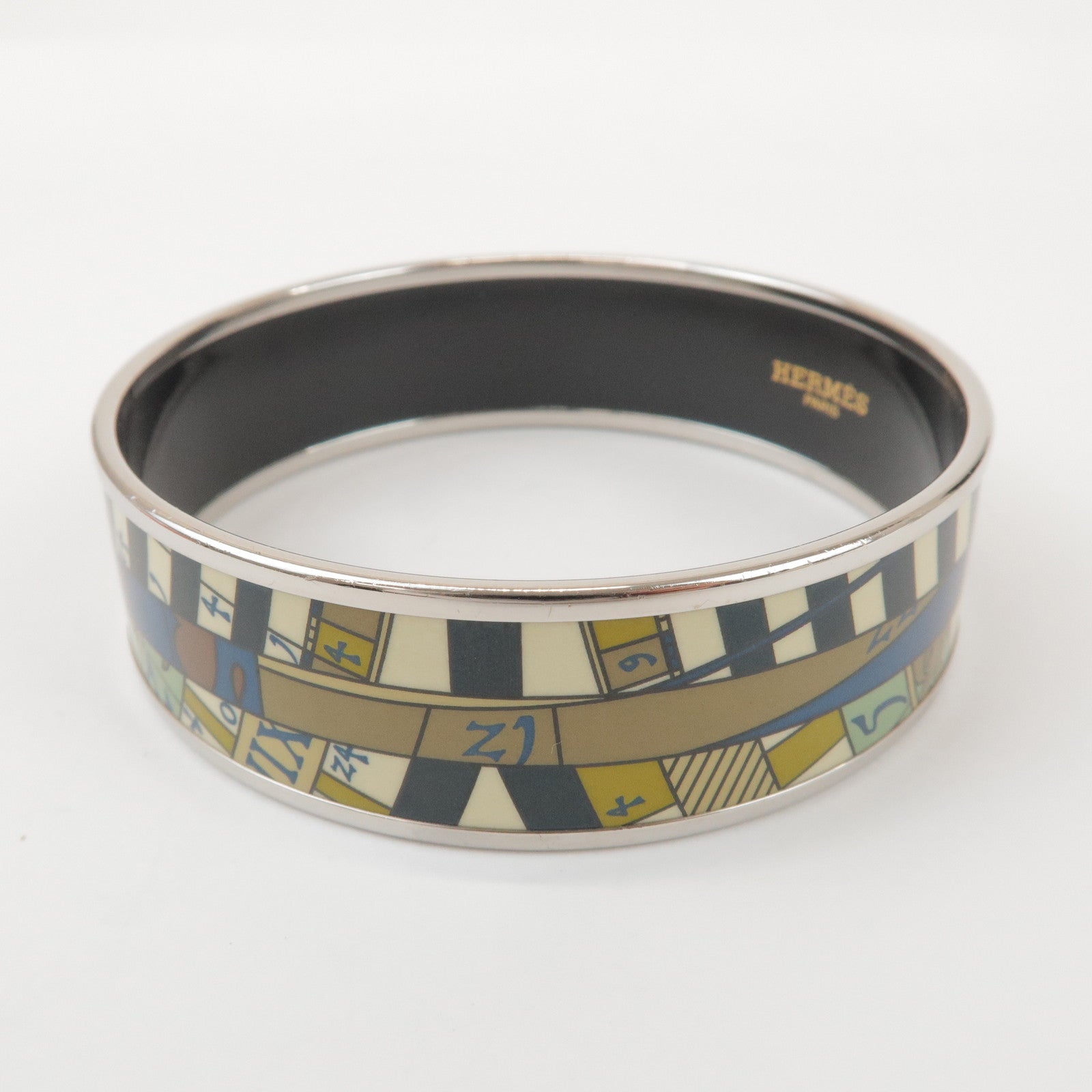 HERMES Email GM Bangle Plated Bracelet Khaki Ivory Navy